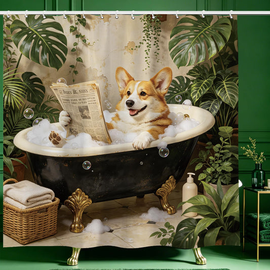 Funny Dog Shower Curtain 72 X 72 Inch, Cute Puppy Animals Bathroom Curtain with Hooks, Pet Lover Corgi Bath Decor Waterproof Fabric Tropical Leaves Vintage Fun Bathtub Cover Reading Newspaper