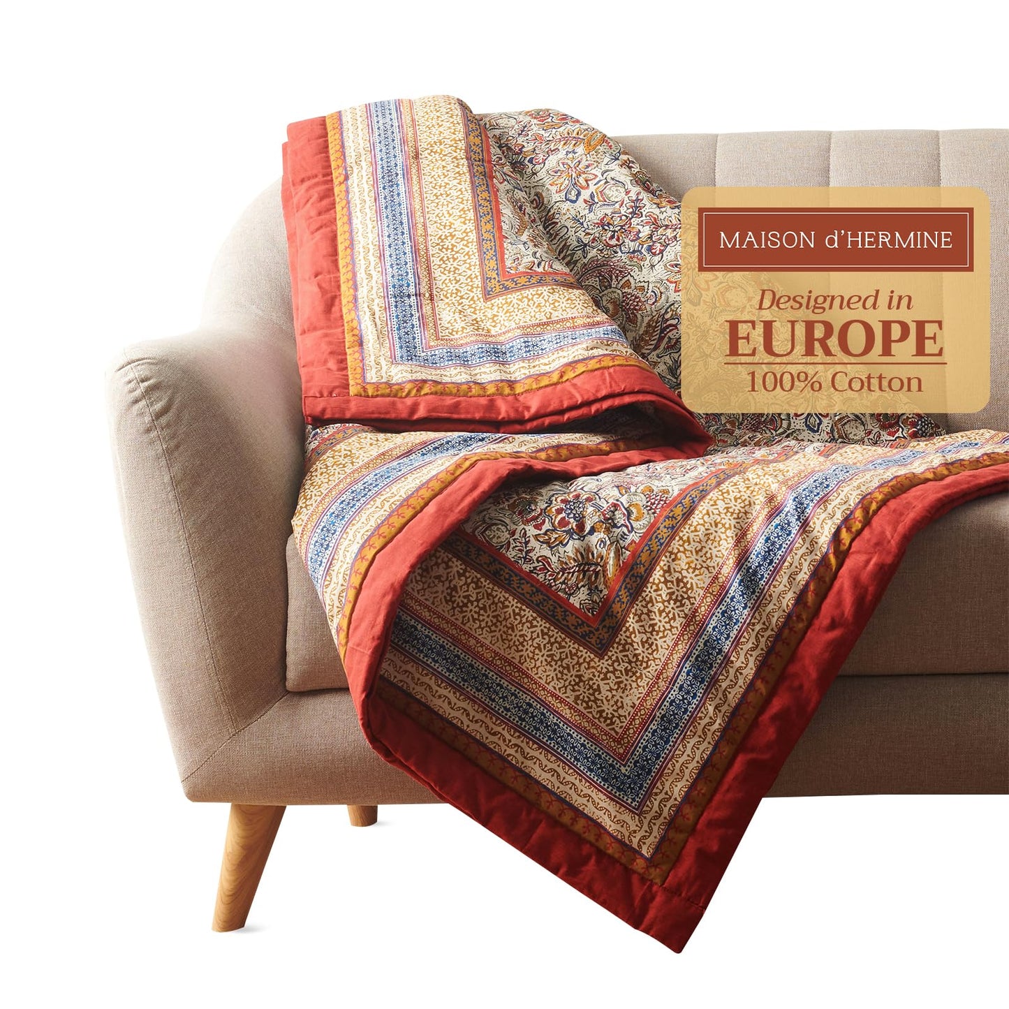 Maison d' Hermine Throw Blanket for Couch Lightweight Soft Warm Breathable Cotton Throw Blankets for Bed Girls Boys Women Men Gifts Sofa Travel Living Room Spring Summer (Jaipur, 60" X 80")