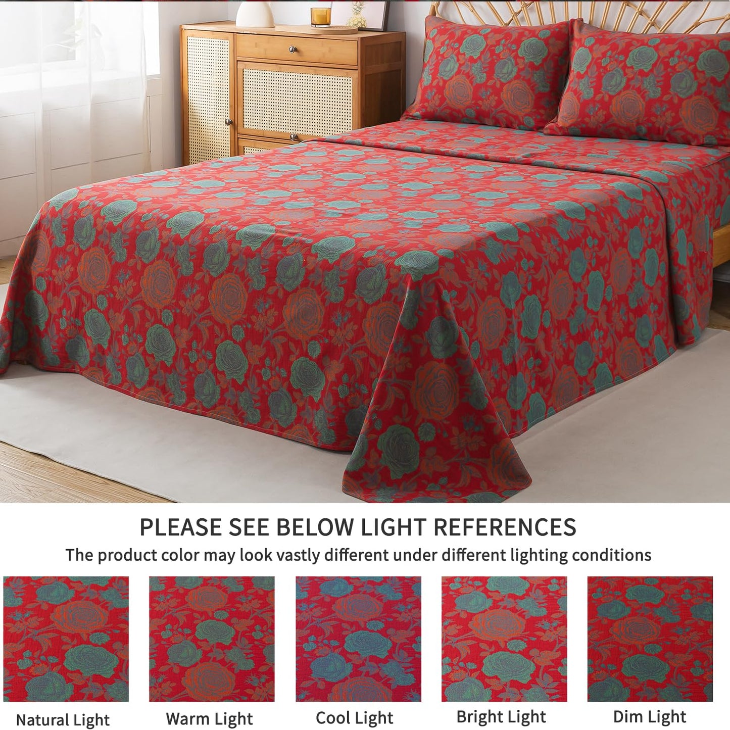 FADFAY Double Gauze 100% Cotton King Sheets Set Floral Bed Sheets Deep Pocket Fitted Sheet, Luxury Rose Pattern Shabby Vintage Countryside Style Bedding 4Pcs