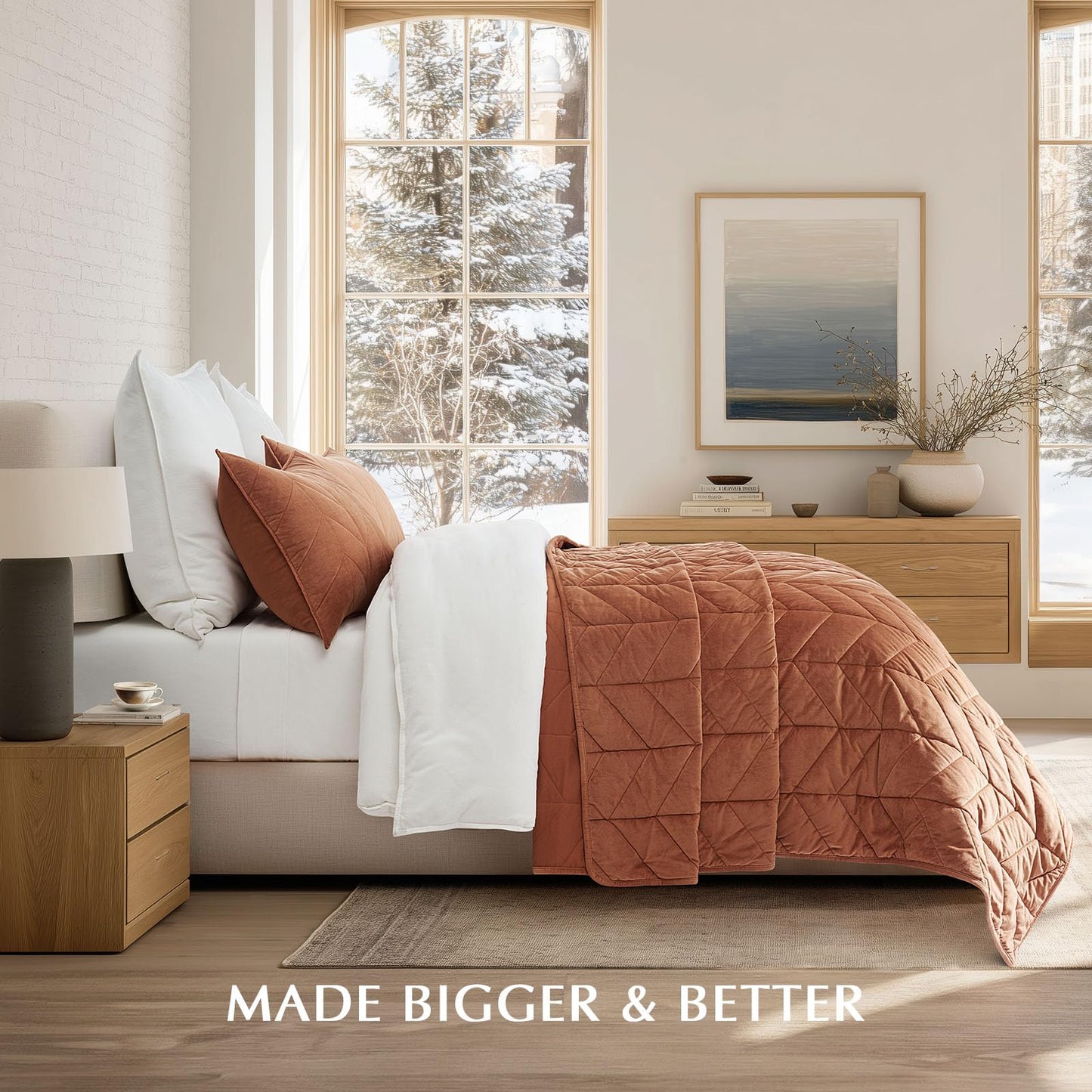 EVERGRACE 3 Pieces Luxurious Velvet King Quilts, Ultra Soft Lightweight Velvet Comforter Set, Matelasse Oversized Bedspread Coverlet for All Season with 2 Shams, Burnt Orange, 108"x96"