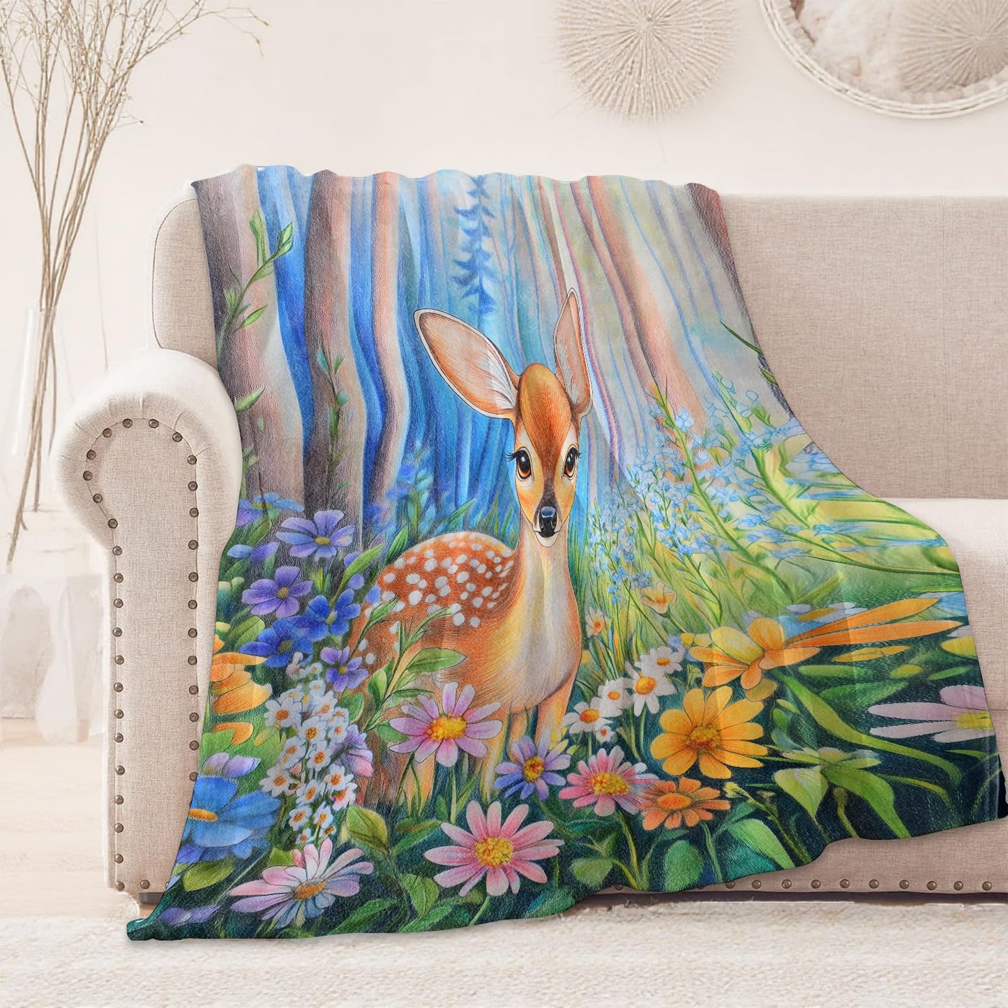 onlcuk Deer Flower Blanket, Cozy Flannel Cute Fawn and Floral Blankets, All Season Soft Throw for Travel Home Decor, Lightweight Sofa Bed Throws, Gifts for Women Girls Kids Animal Lovers, 50"×60"