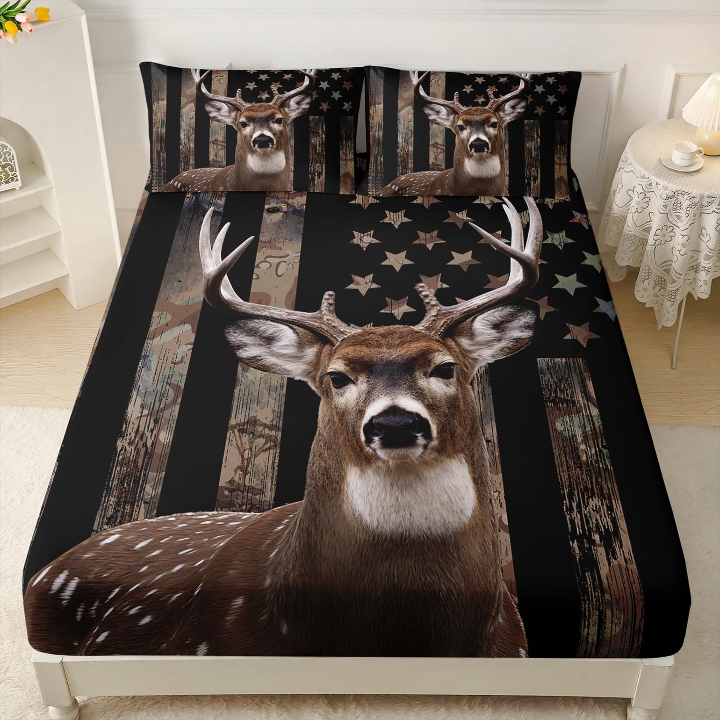 HOSIMA Deer Hunting Camo Bedding,Hunter Bedding Set American Flag Fitted Sheet Set Full Size for Adult Teen Boy Bedroom Decor,1 Fitted Sheet+2 Pillowcases.