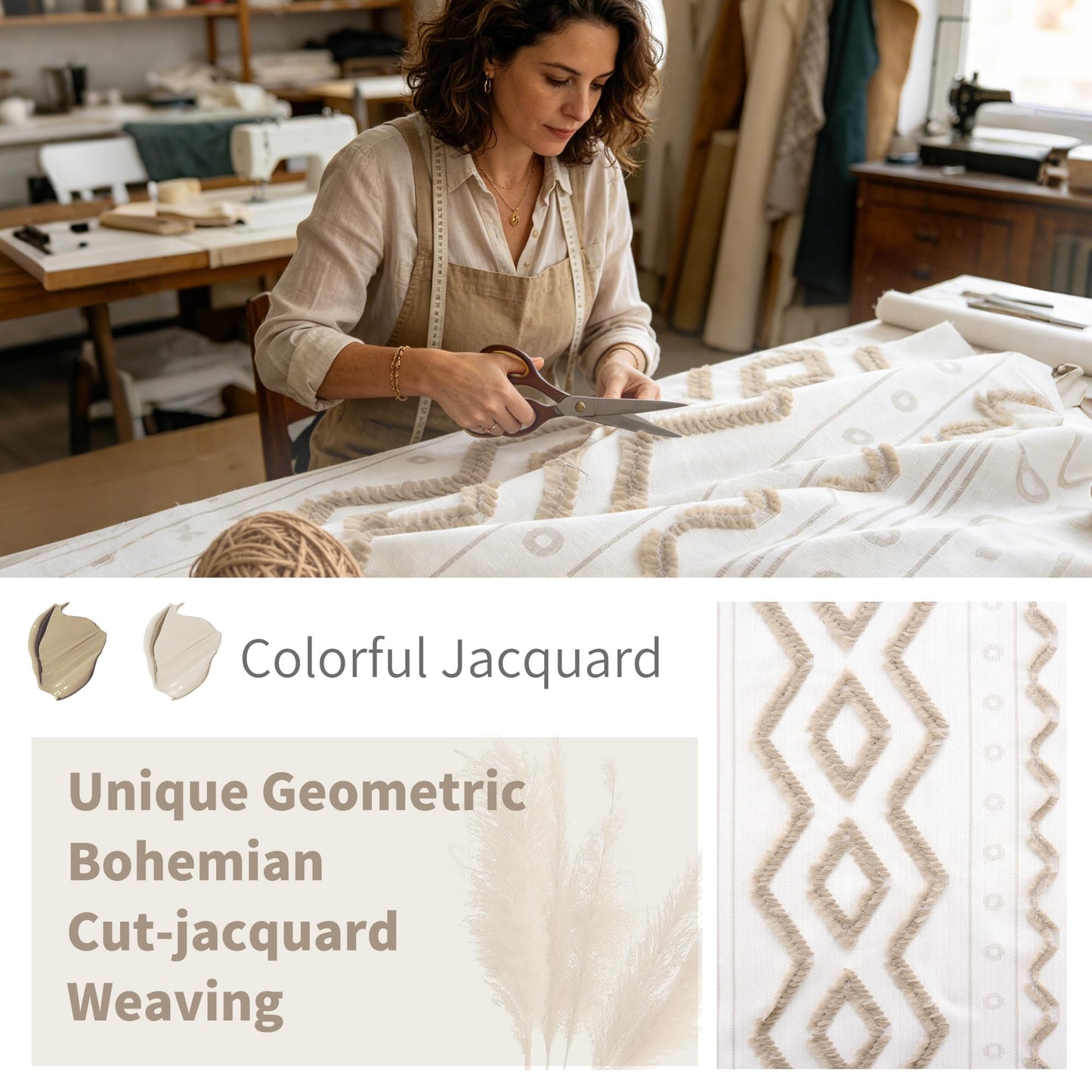 BGment Jacquard Boho Linen Curtains for Living Room 2 Panels, Botanical Tufted Pom Stripe Geometric Pattern Drapes for Farmhouse Bedroom Light Filtering, 52 X 84 Inch