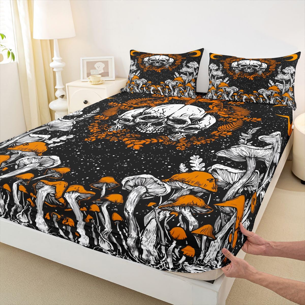Erosebridal Gothic Skull Sheet & Pillowcase Sets Halloween Bed Sheets Aesthetic Mushroom Sheet Set Queen Hippie Moon Phase Sheets Cosmos Celestial Bed Sets for Kids Teens Room Decor