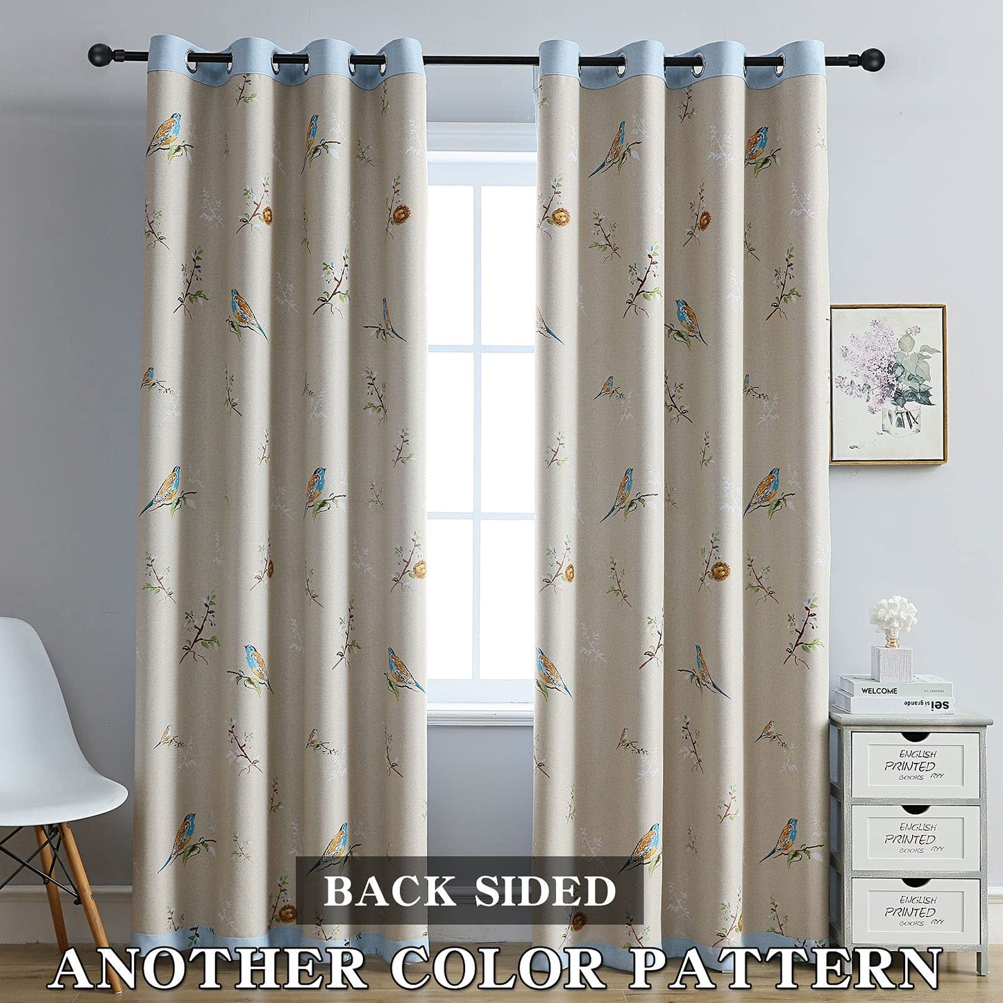 SUOUO Double Sided Patterned Birds Blackout Curtains 84 Inch 2 Panels Rustic Farmhouse Vintage Country Window Drapes for Bedroom Living Room Blue and Khaki