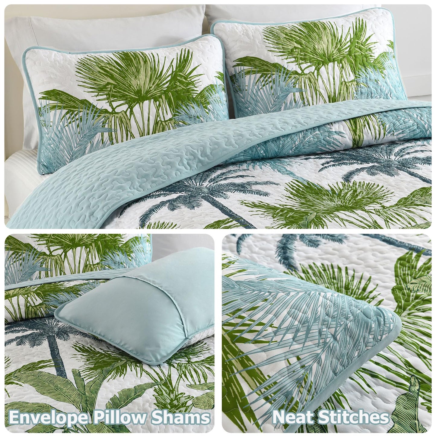 Luxudecor Tropical Plants Quilt Set Queen Size 3 Pieces Green and Blue Palm Botanical Bedspread Rainforest Style Bedding Set Soft Lightweight Bed Cover All Season 96"x90"