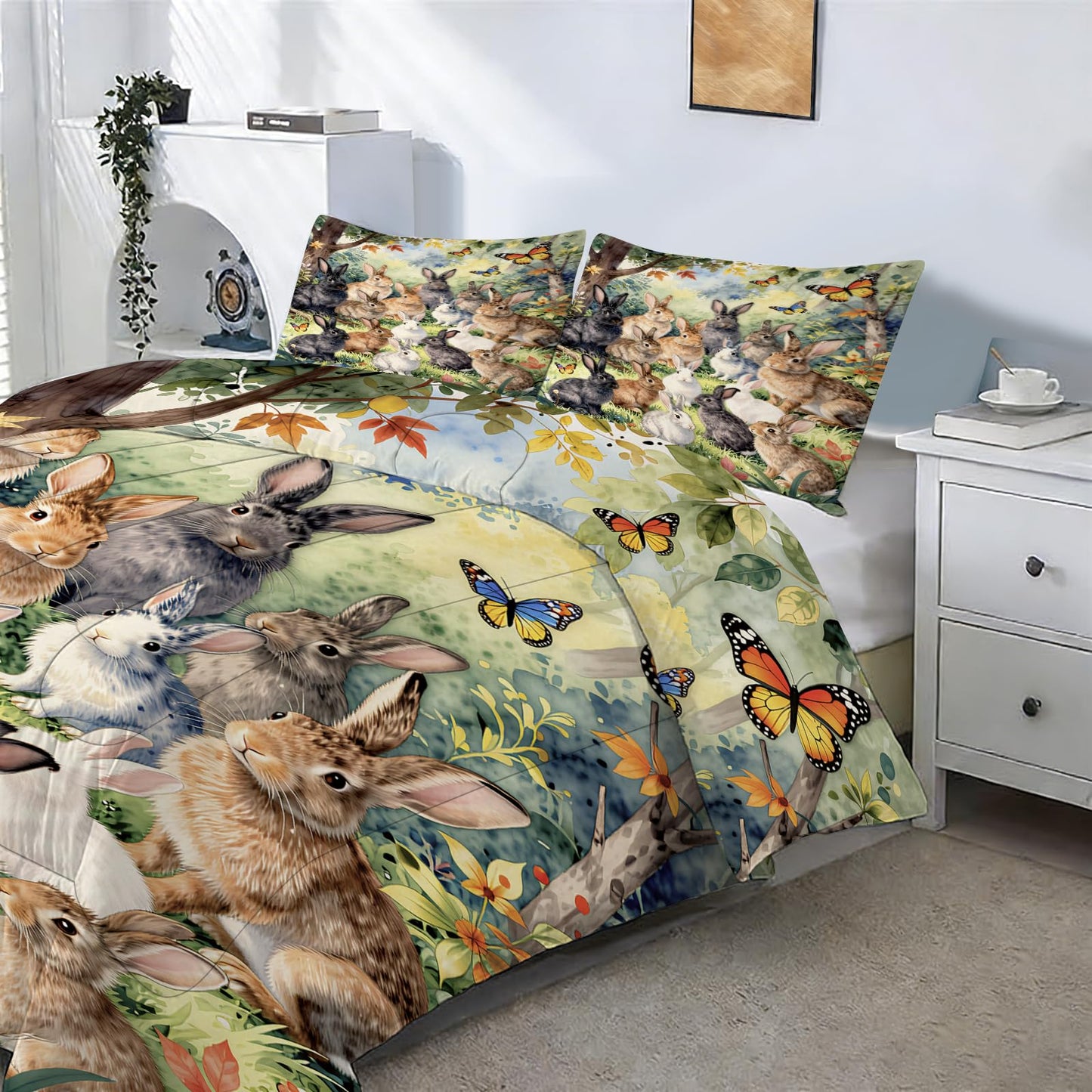 EDGZKO Cute Rabbit Comforter Set, Queen Size Bunny Happy Easter Bedding Set for Boys Girls Kids Teens Adults, Wild Animals Quilt Duvet Bed Set, Wildlife Bedroom Decor 1 Comforter & 2 Pillowcases