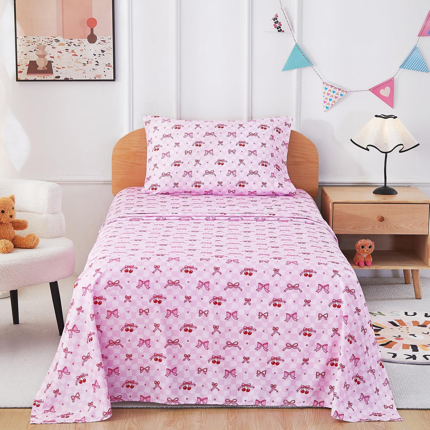 lasoftan Kids Sheet Set Twin Size, Twin Sheet Set with Pink Cherry Pattern，Breathable Silky Soft Microfiber Kids Fitted Sheet