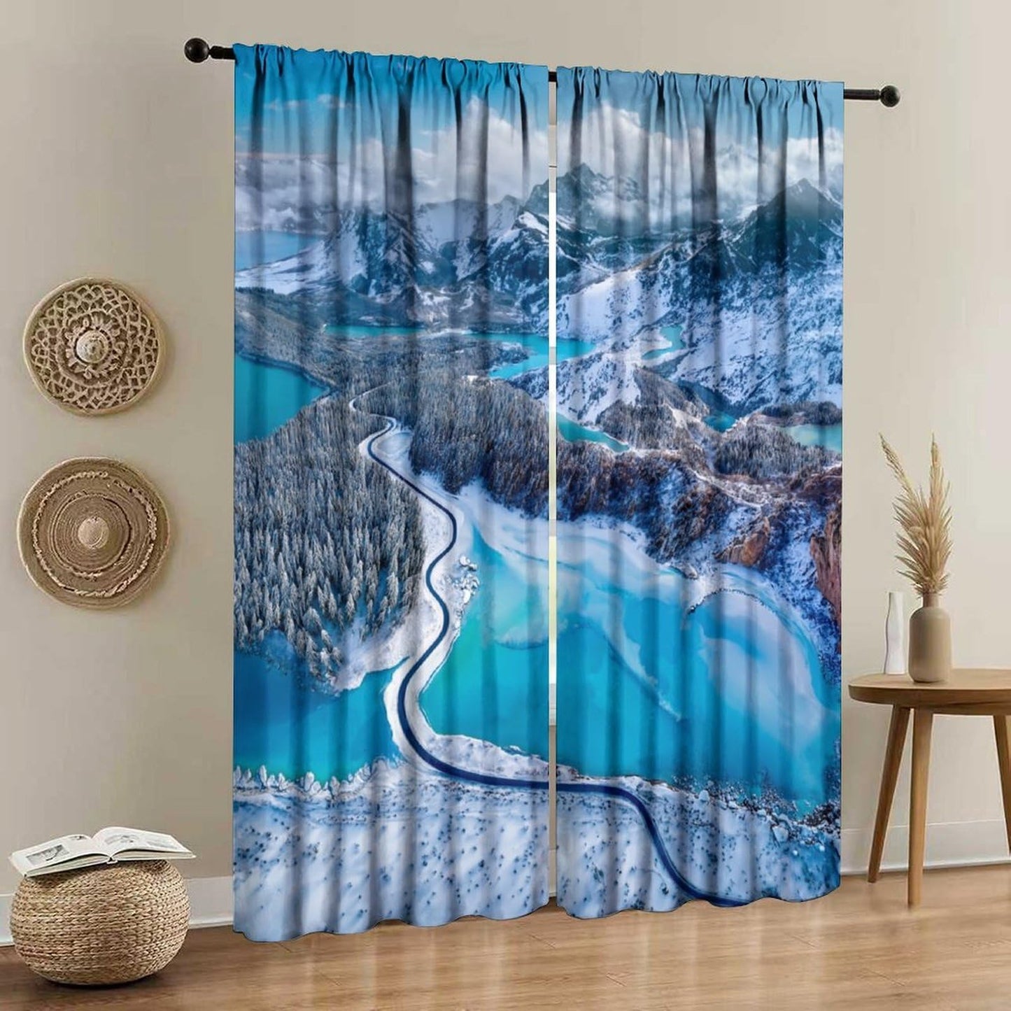Tificats Snowy Mountain Turquoise Lake Curtains, Winter Aerial Frozen Lake Landscape Printed Blackout Window Treatments for Bedroom Living Room21 W x 45" L (Pack of 2)