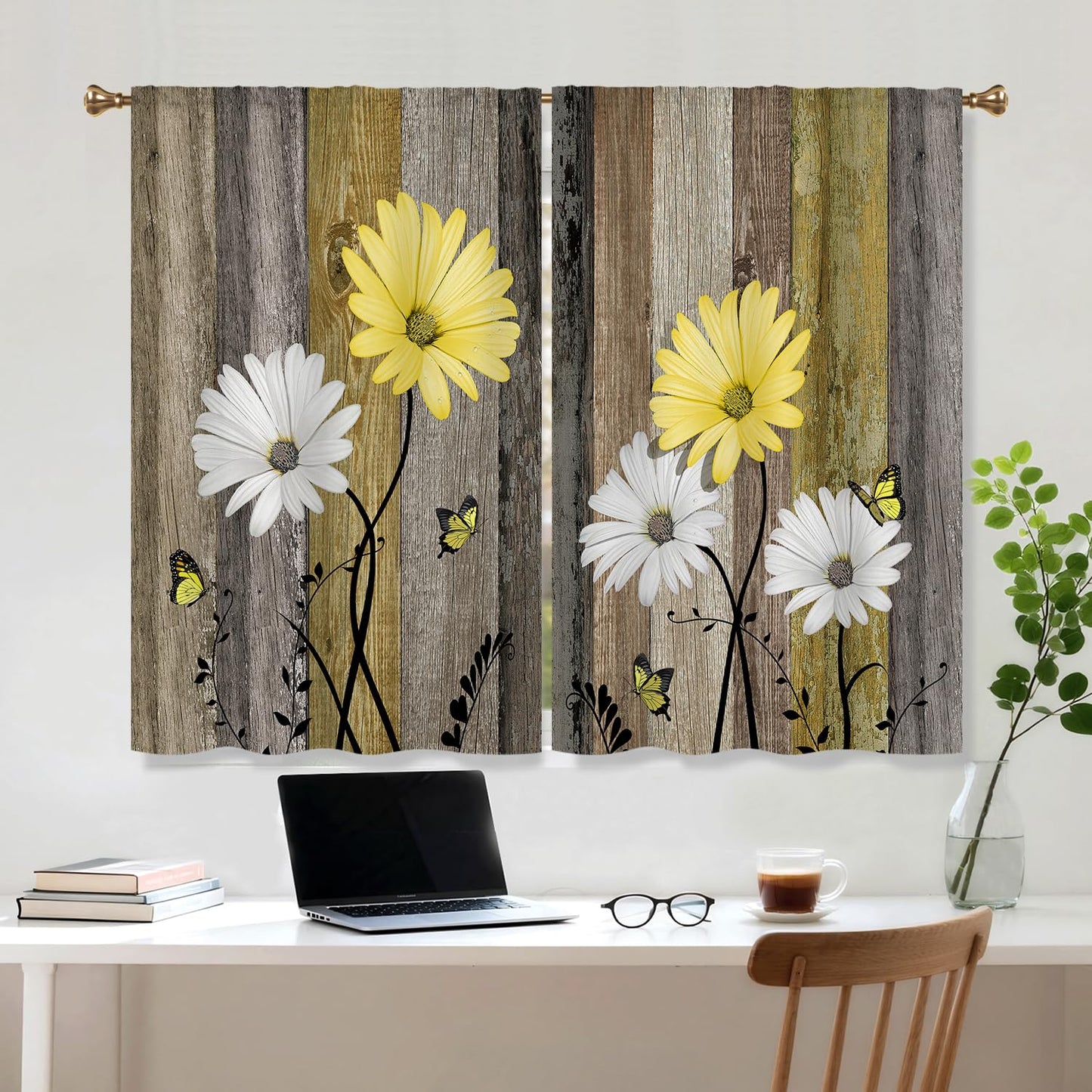 Cizuug Farmhous Yellow Daisy Kitchen Curtains Wooden Flower Small Short Cafe Window Curtains Rustic Floral Butterfly Country Barn Bathroom Drapes Treatment Tier Curtains 2 Panels