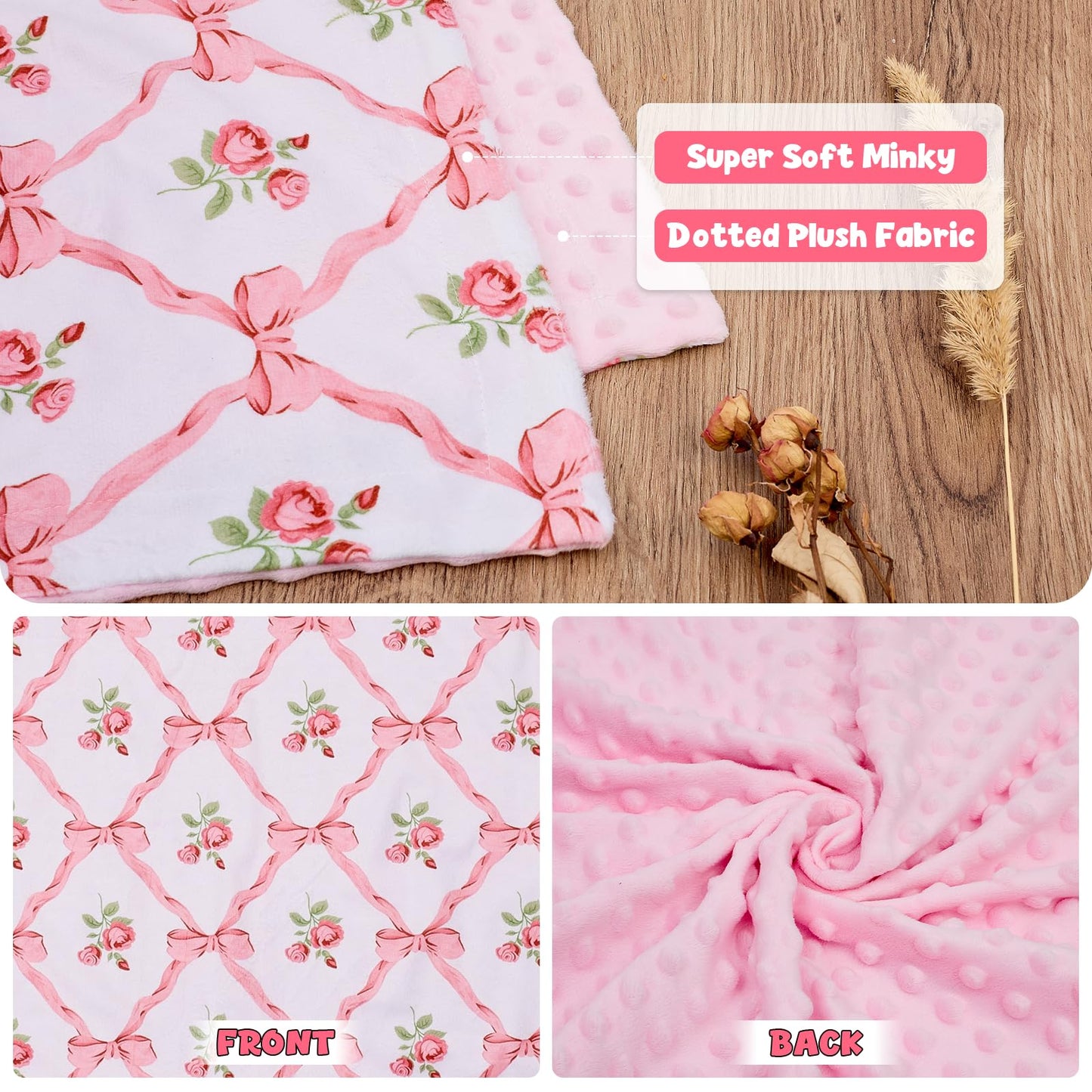 Baby Blanket for Boys Girls Super Soft Double Layer Minky with Dotted Backing Cute Cow Crib Receiving Blanket Bed Throws for Newborns Nursery Stroller Toddler 30 x 40 Inch (Pink Bow Rose)
