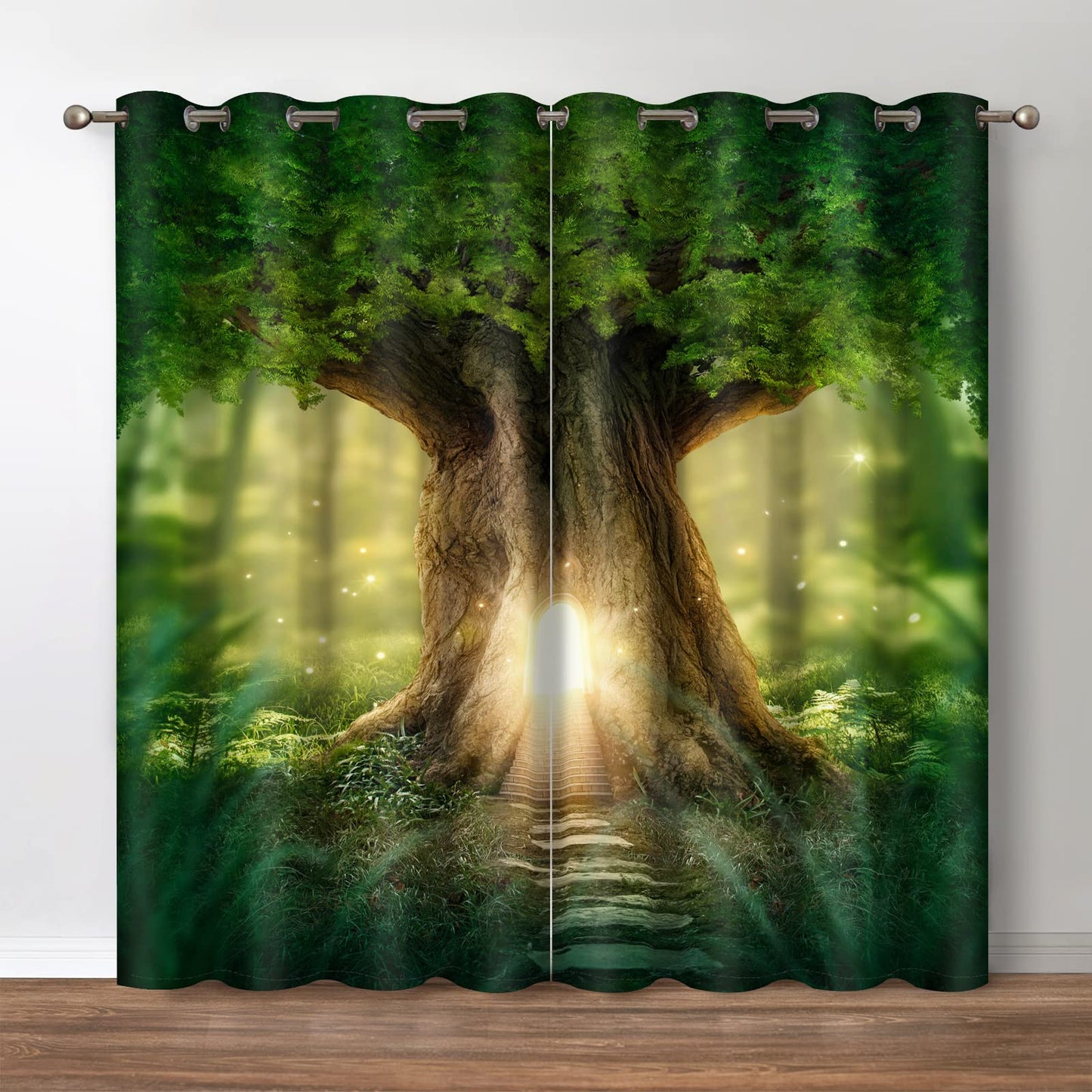 Jekeno Fantasy Forest Tree Blackout Curtains Magic Tree Hole House Print Drapes Decor Home Bedroom Nursery Dorm Apartment Living Room Darkening Grommet Window Treatments 2 Panel Set, 52x84 Inch