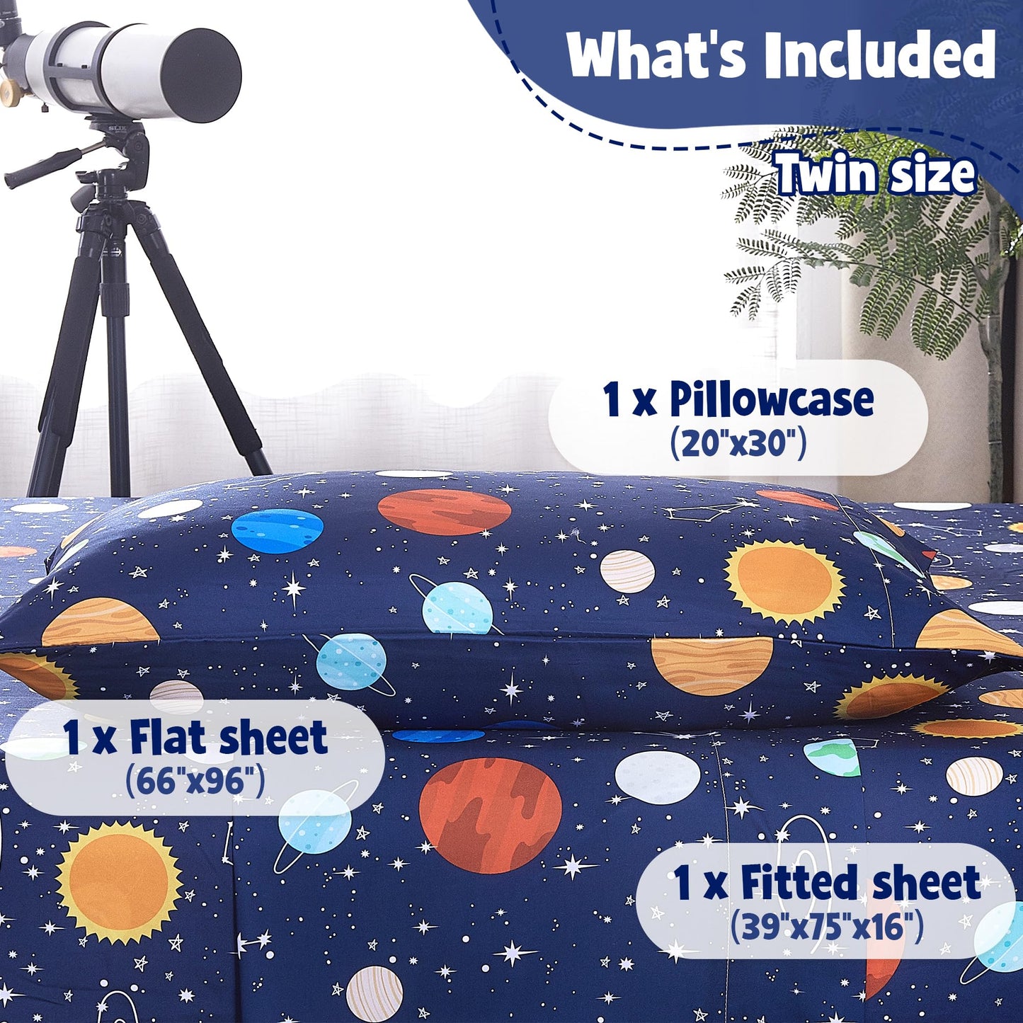 CozySmile Twin Sheet Set Kids,3 Pieces Breathable Soft Microfiber Bedsheets for Child Boys, Oeko-TEX, Anti Pilling Deep Pockets Easy Care Bed Sheets, Planet