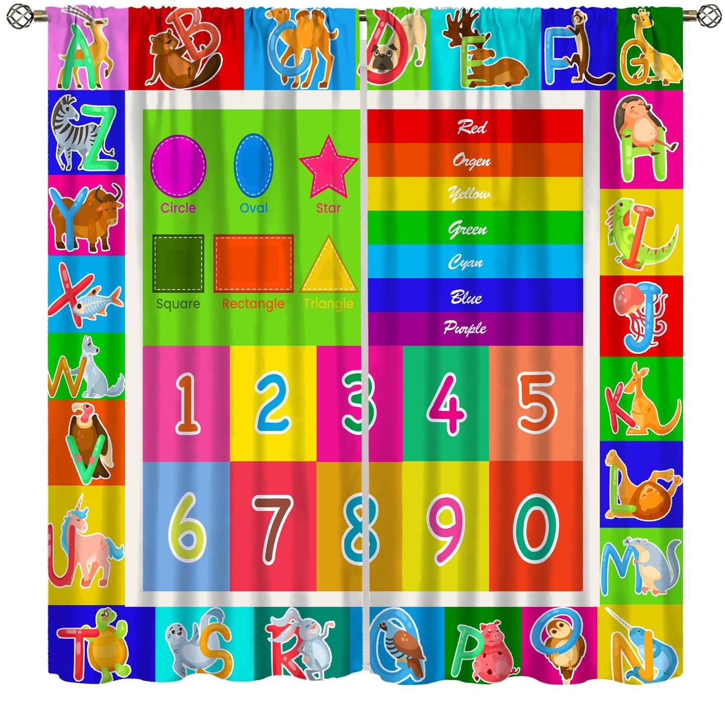 AAVEUP ABC Alphabet Curtains, Cartoon Toddler Colourful Animals Numbers Colours Classroom Learning Windows Treatments Drapes for Kids Boys Girls Living Room Bedroom 42x45in（No Blackout）