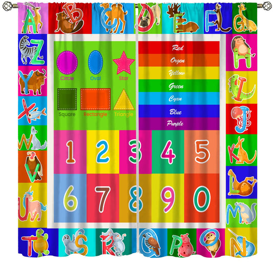 AAVEUP ABC Alphabet Curtains, Cartoon Toddler Colourful Animals Numbers Colours Classroom Learning Windows Treatments Drapes for Kids Boys Girls Living Room Bedroom 42x45in（No Blackout）