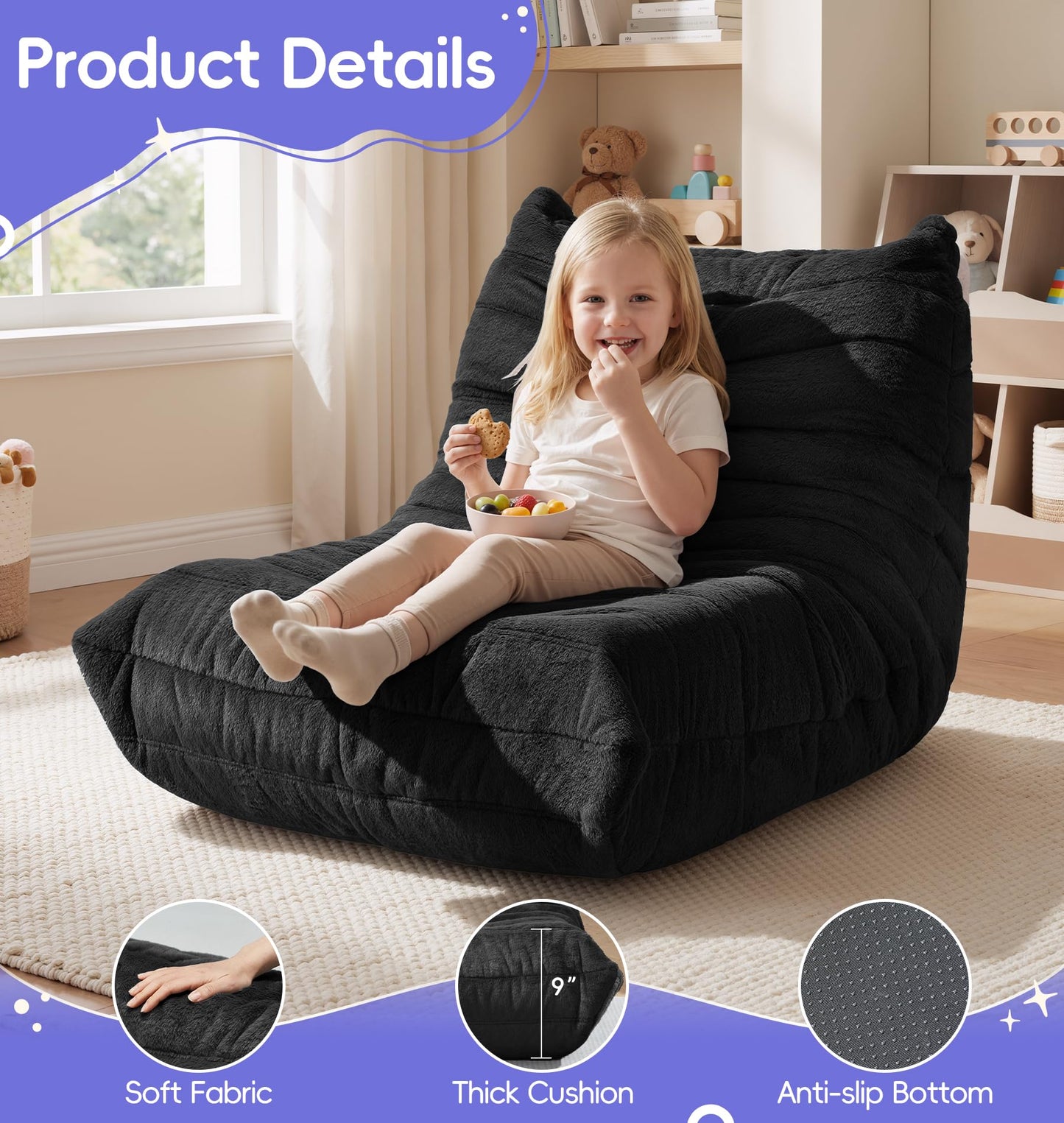 Hobestluk Bean Bag Chair for Kids Toddler Bean Bag Chair with Memory Foam Filler Beanbag with Spacious Design Bean Bag Couch for Reading Gaming Relaxing (Black, Small)