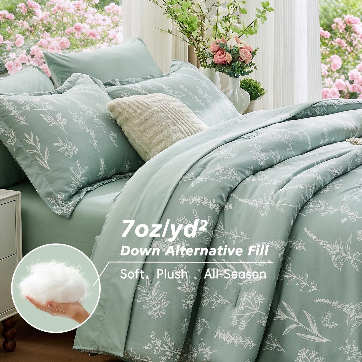 MUXHOMO King Comforter Set 7 Pieces, Sage Green Elegant Floral Print Bed in a Bag King, Ultra Soft & Breathable Reversible Botanical Pattern Bedding Set with Comforter, Sheets, Pillowcases, and Shams