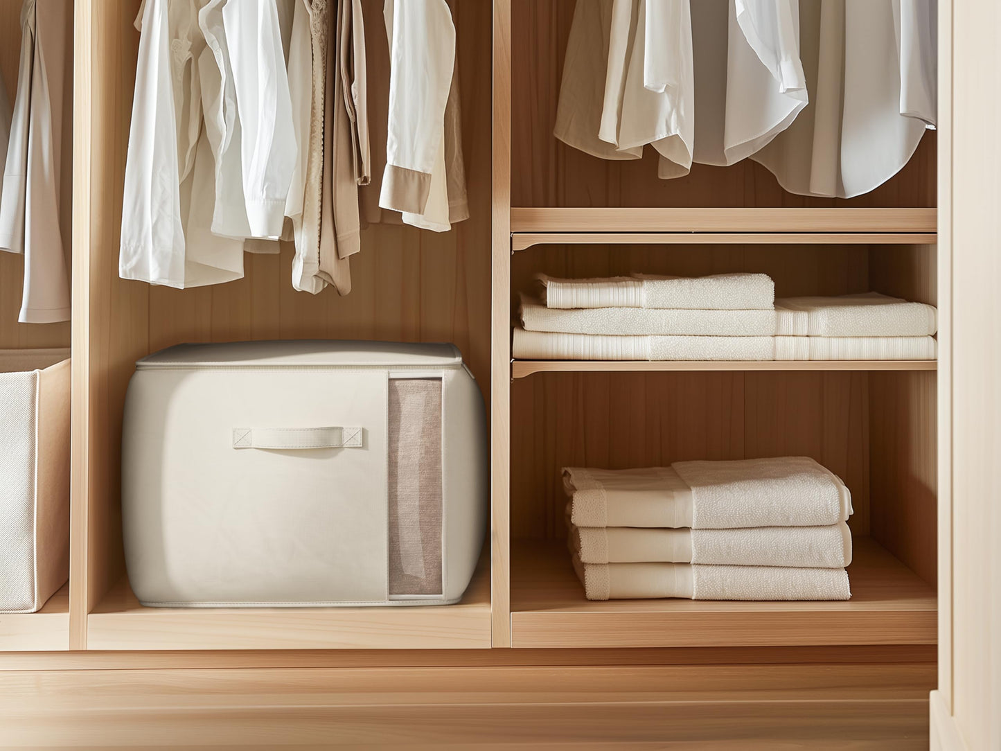TomVista Large Canvas Clothes Storage Bags with Thick Handles and Clear Window, Foldable Cotton Linen Closet Organizer for Clothing, Blankets and Bedding, 70L, 3 Pack, Beige