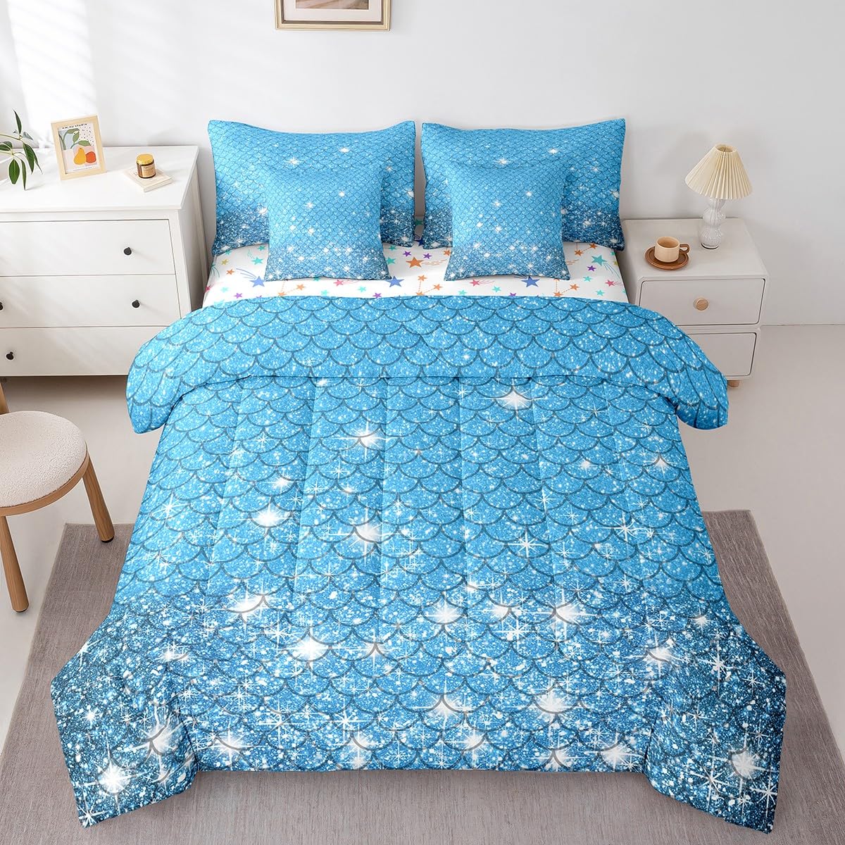 jejeloiu Blue Mermaid Scales Comforter Set with Sheets Queen Size Kids Glitter Fish Scales 7 Pieces Bedding Set for Boys Girls Teens Ocean Marine Themed Bed in a Bag Breathable Bedroom Decor