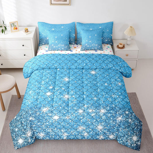 jejeloiu Blue Mermaid Scales Comforter Set with Sheets Queen Size Kids Glitter Fish Scales 7 Pieces Bedding Set for Boys Girls Teens Ocean Marine Themed Bed in a Bag Breathable Bedroom Decor