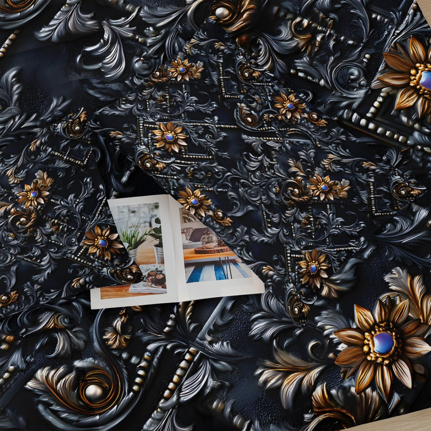 lneffble Black and Gold Floral Comforter Queen Set，Victorian Gothic Bedding Set Queen，with 1 Comforter with 2 Pillow Case，Floral Bedroom Decor Black
