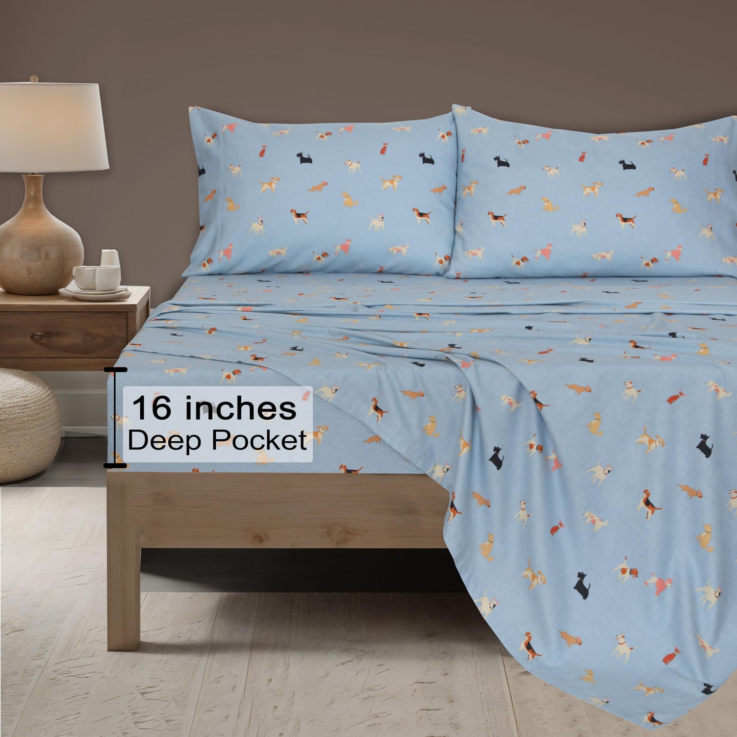ZOYER Flannel Sheets Queen Size - 100% Cotton Double Brushed Bed Sheets, Deep Pockets 16 Inches Queen Sheet Set, All Seasons Breathable & Extra Soft - Warm & Cozy, 4 Piece, Puppy Pub