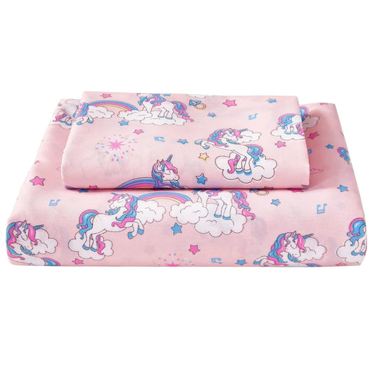 Softan Kids Bed Sheet Set, 3-Piece Twin Sheets Set, Microfiber Fitted Sheet with 15 Inches Deep Pocket and Corner Straps, Breathable & Silky Soft Pink Unicorn Pattern Sheet and Pillowcase Sets