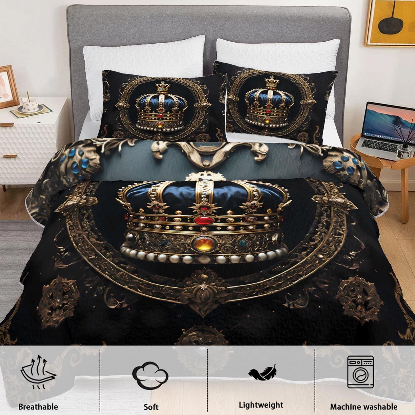 XYNHML Golden Crown Printed Quilt Bedding Full 3Pcs Diamond King Crown Bed Set Retro Mystic Flower Pattern Lightweight Soft Bedspread Coverlet with 2 Pillowcases for Kid Boy Girl Teen Adult Bed Decor
