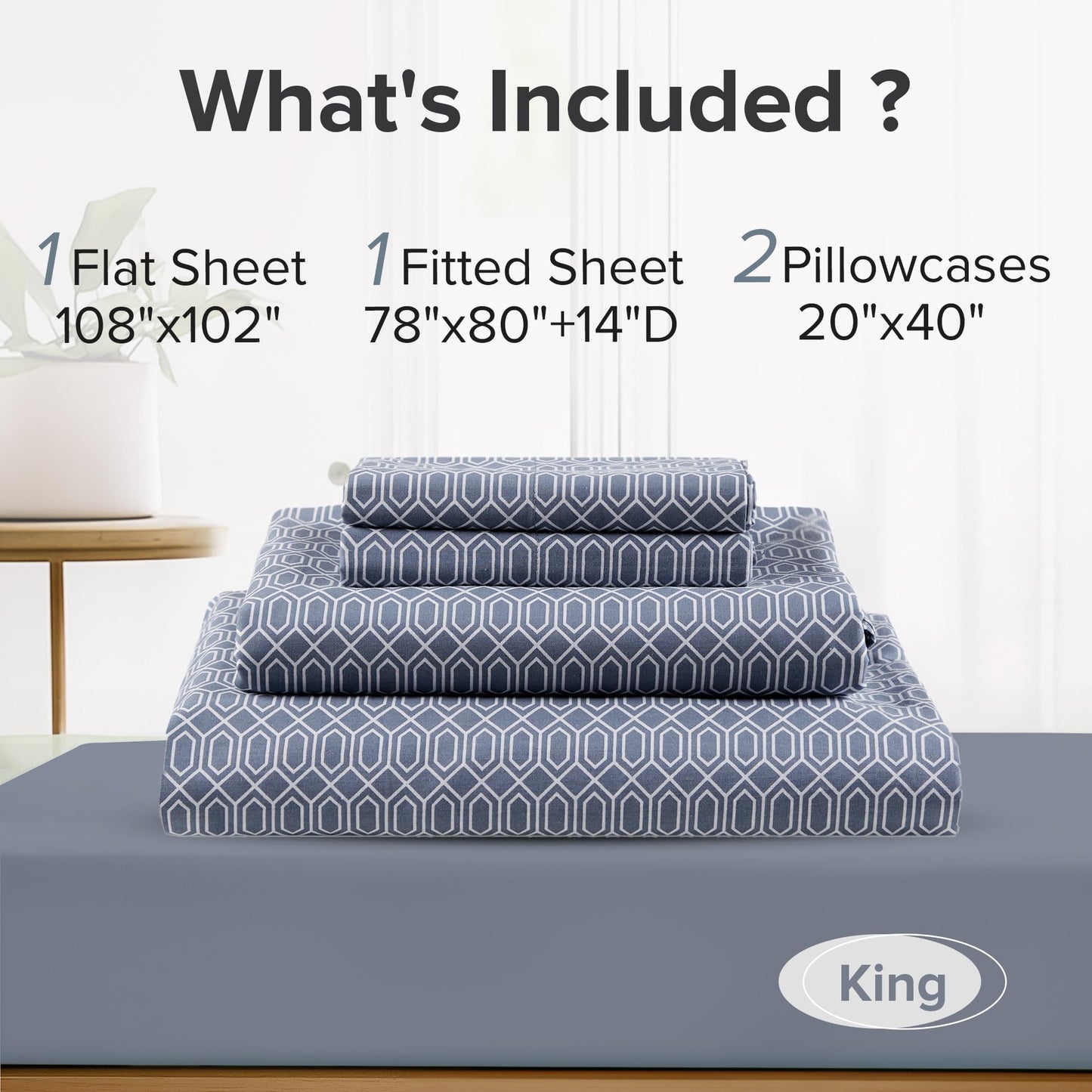 Comfort Spaces 100% Cotton Sheet Set Breathable, Lightweight, Soft with 14" Elastic Pocket Fits up to 16" Mattress, All Season Cozy Bedding, Matching Pillow Case, King Diamond Blue 4 Piece