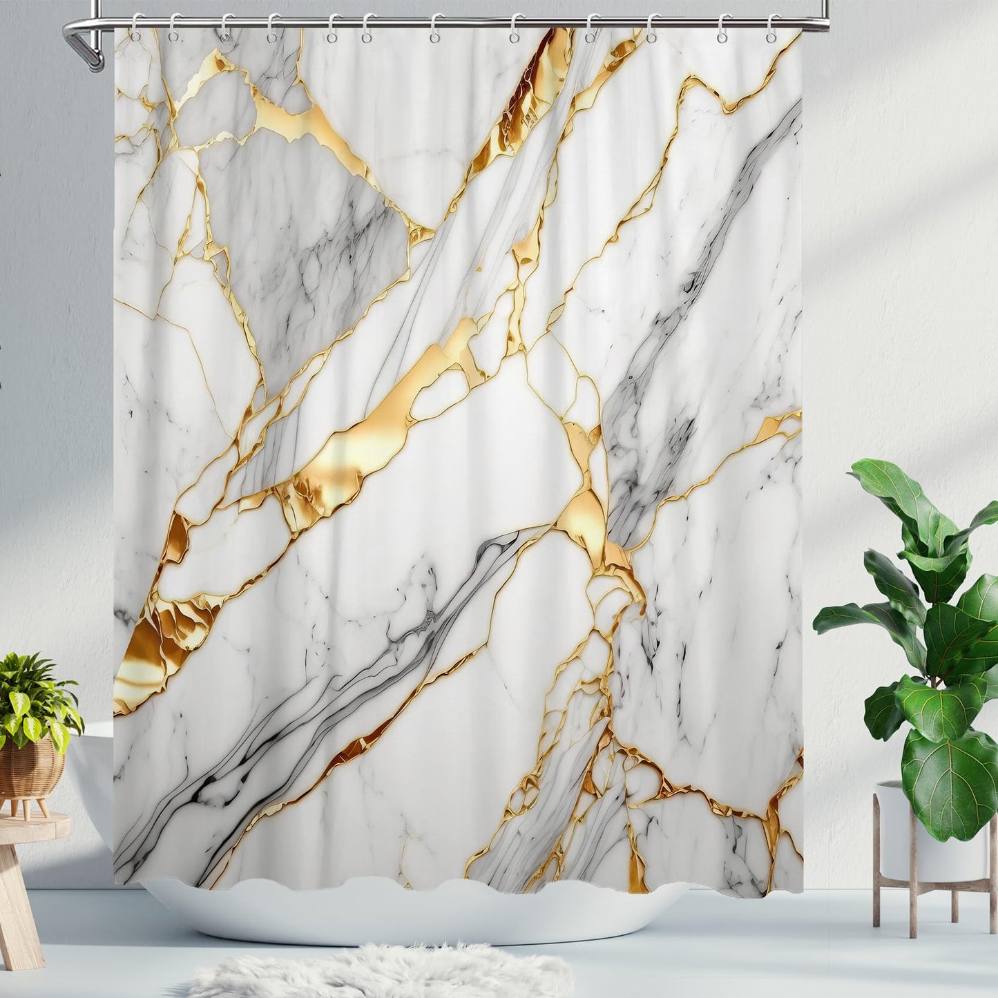 DuriLolly Grey Marble Shower Curtain Abstract Luxury Gold Cracked Granite Texture Ombre Marble Shower Curtains 71x71 inch Modern Aesthetic Bathroom Decor Waterproof Fabric Curtains Include Hooks