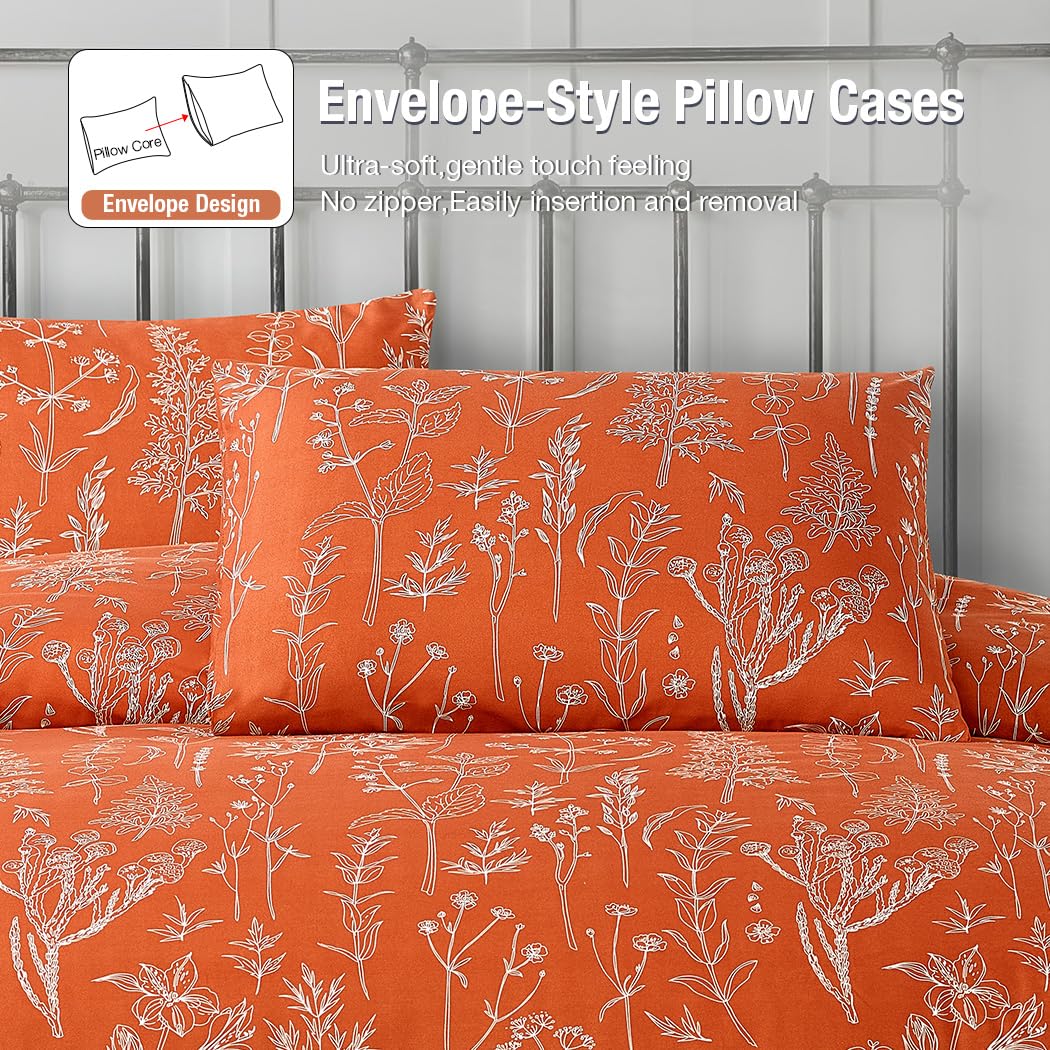 Lekesky Floral Duvet Cover Queen Size, Burnt Orange Queen Duvet Cover Plant Flowers Pattern Bedding Set for All Season, Soft Breathable Duvet Cover with Zipper Closure & Corner Ties