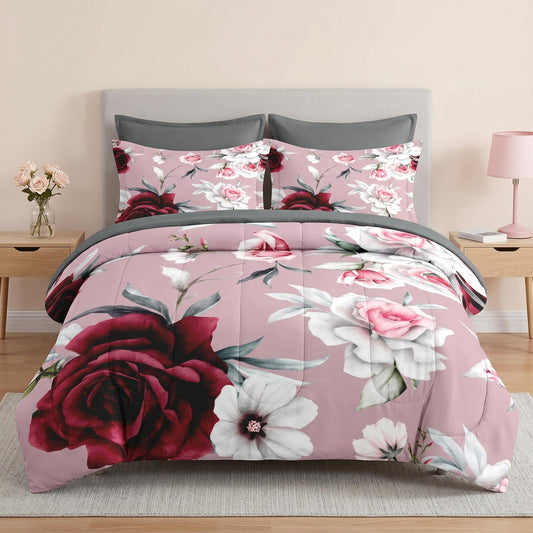 Pamnest Comforter Set Full Size, Rose Leaves 7 Pcs Bedding for Kids and Adults, Painting Floral Vintage Bed Sheet Sets with Fitted Sheet 2 Pillowcases & 2 Shams for Bedroom Bed Decor