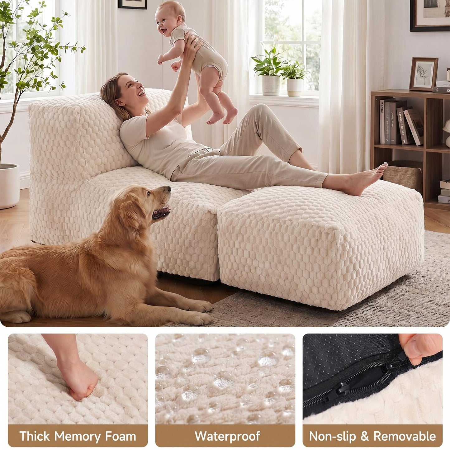 Gosopha Bean Bag Chair for Adults, Plush Beanbag Sofa Couch with Memory Foam Filler, Machine Washable Cover, Comfy Lounge Chair for Small Spaces, Reading, Gaming, Living Room & Bedroom Beige