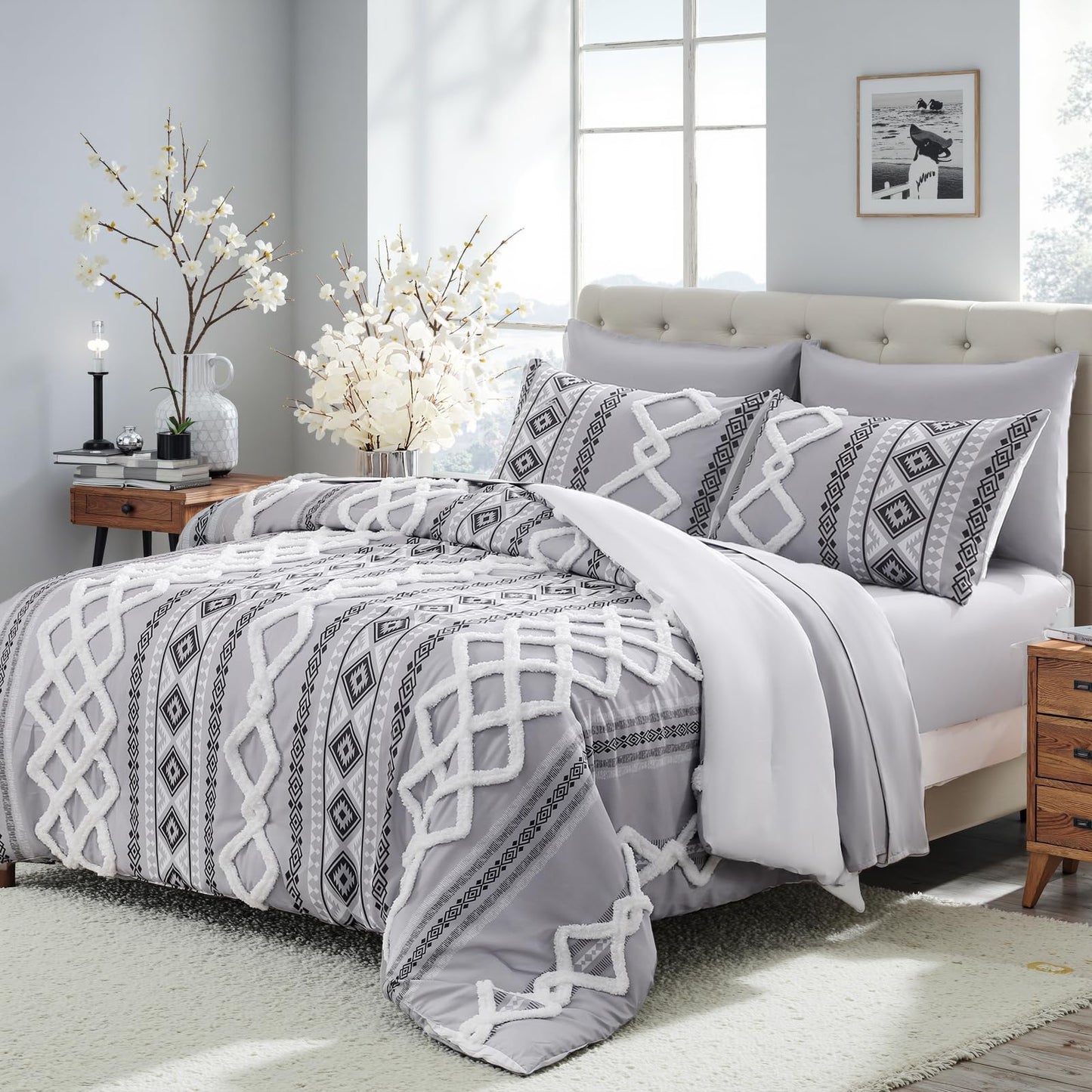 MOVE OVER Gray Tufted Comforter Set Queen Size 7 Pieces Bed in A Bag Farmhouse Bedding Comforter Sets Boho Aztec Sheet Set and Comforter Set Modern Boho Tufted Bedding Set for All Seasons