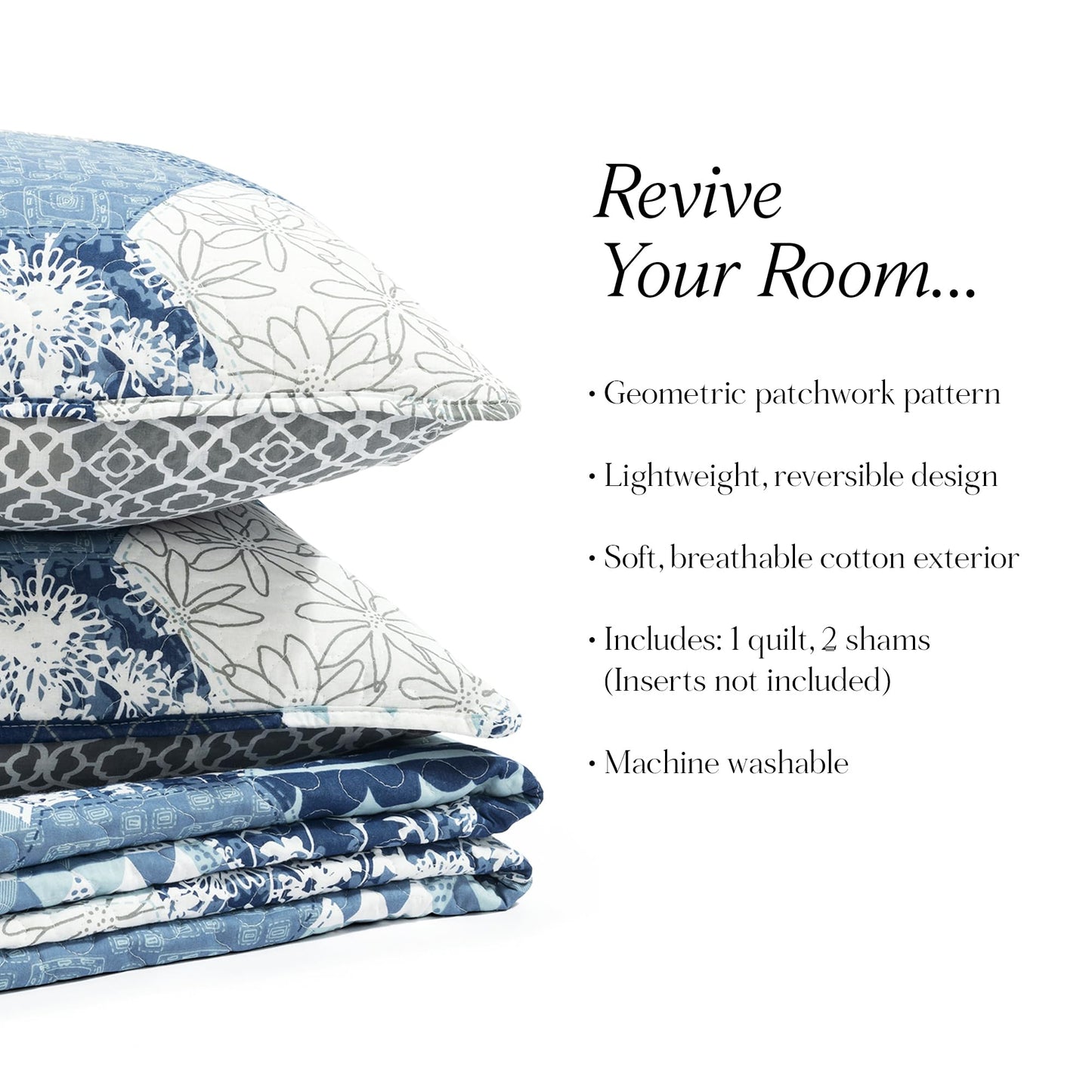 Lush Decor Briley Reversible Cotton Quilt Queen Size 3 Piece Set Full/Queen Dusty Blue - Bedding Set Queen Quilt - Patchwork Quilts - Country Decor