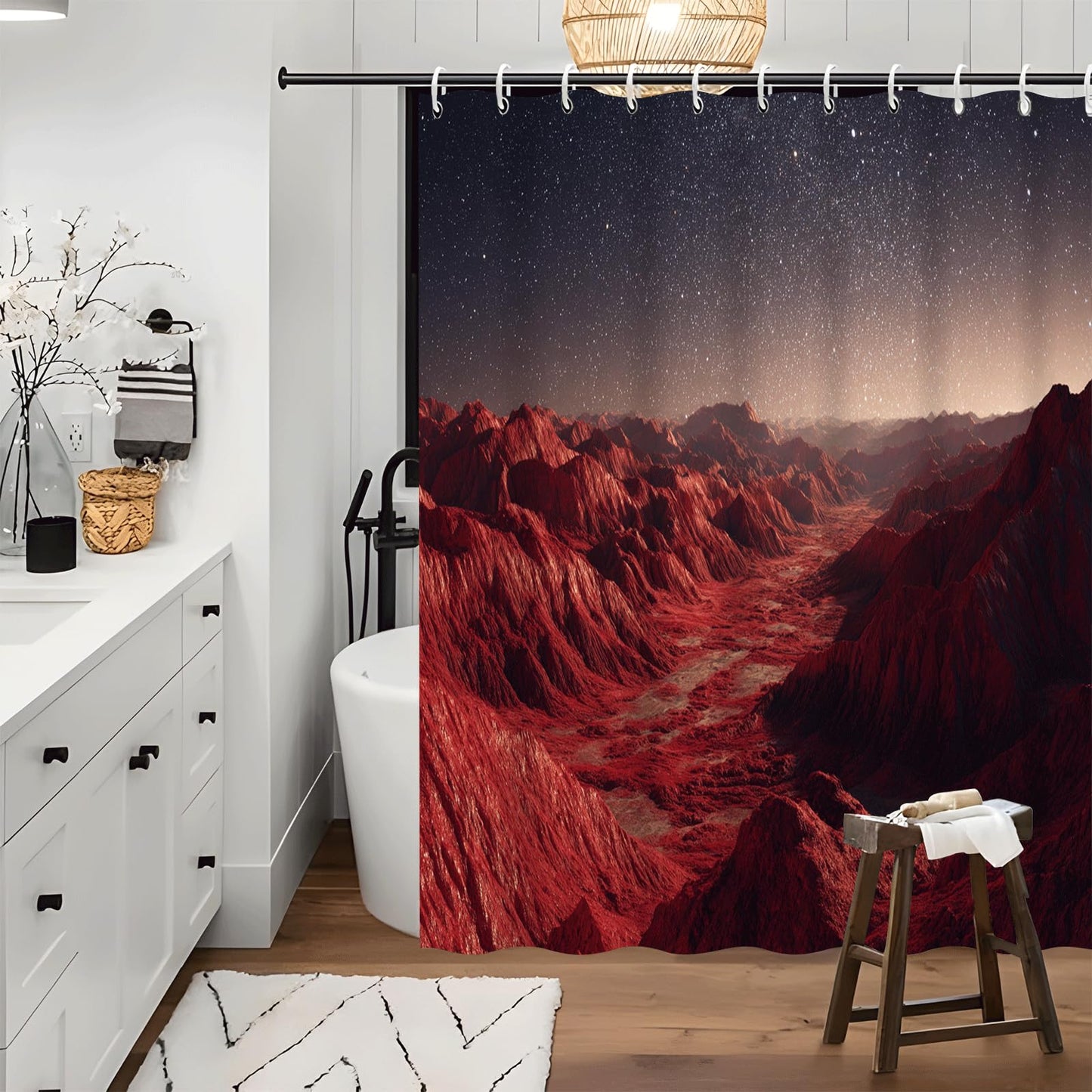 ZROLUW Mountain Landscape Shower Curtain 72" W x 72" L Starry Sky Bathroom Decor Curtain with Hooks