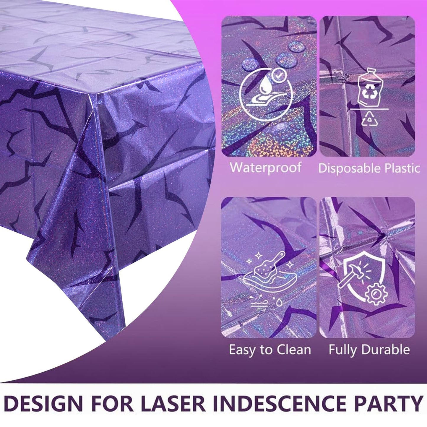 K-Style Birthday Decorations Iridescent Holographic Laser Tablecloth 2 Pack Purple Lightning Pattern Disposable Waterproof Plastic Table Covers for Girls Disco Bachelorette Party Supplies, 54x108 Inch