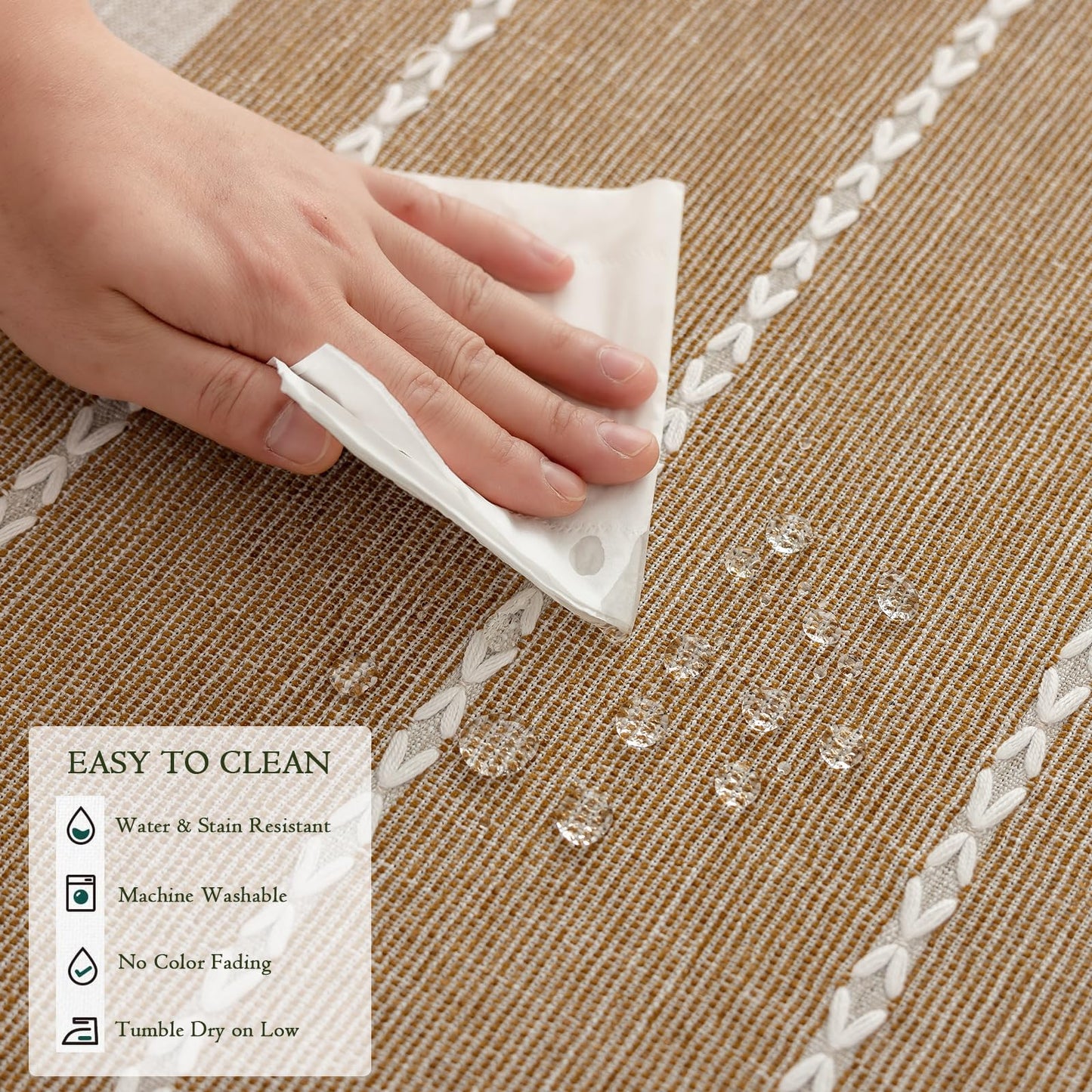 Joyfol Day Rustic Waterproof Cotton Blend Tablecloth, Heavy Weight Embroidery Table Cover for Rectangle Tables, Burlap Farmhouse Style with Coffee Line Pattern, 55" x 120"