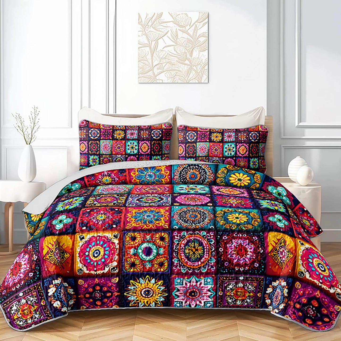 AILONEN Boho Floral Quilt Set Queen Size, Colorful Mandala Bohemian Ethnic Flower Bedspread Coverlet,Microfiber Bed Cover 3Pcs,2 Pillowcases