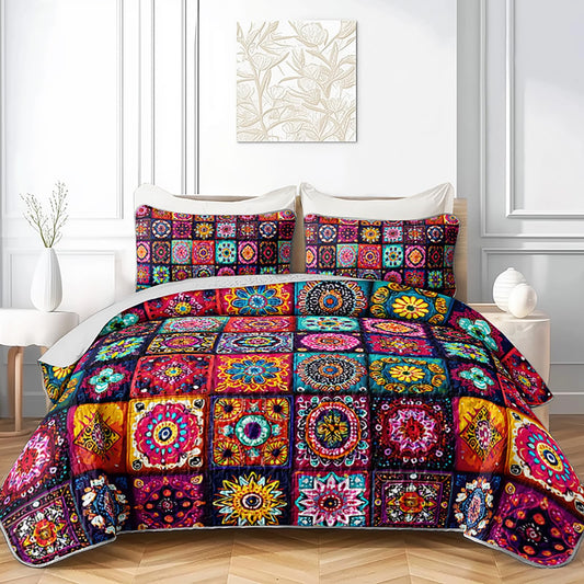 AILONEN Boho Floral Quilt Set Queen Size, Colorful Mandala Bohemian Ethnic Flower Bedspread Coverlet,Microfiber Bed Cover 3Pcs,2 Pillowcases