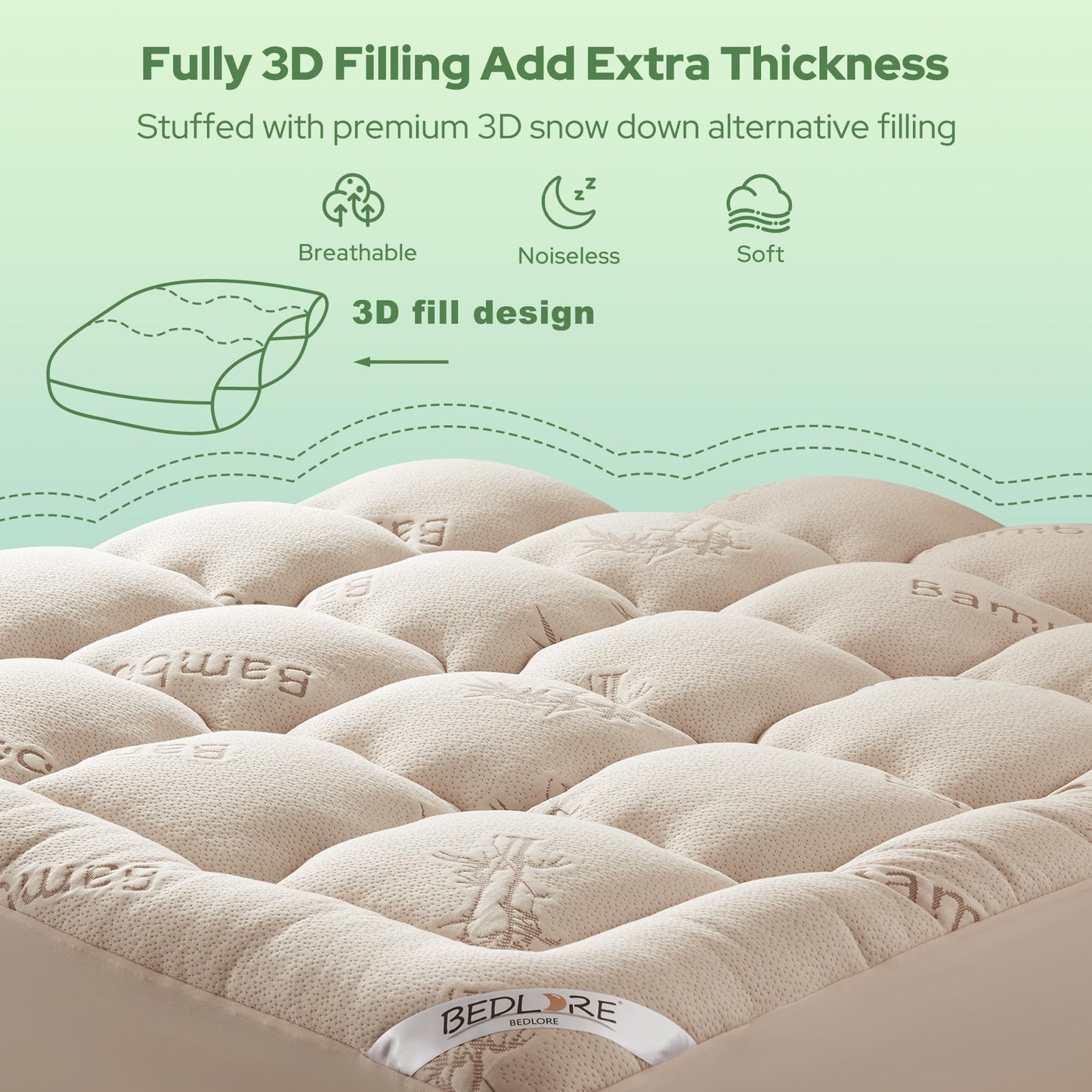 BEDLORE Full Size Mattress Topper Viscose Derived from Bamboo, Thick Pillow Top Mattress Pad with Stretchable Pockets for 6"-15" Mattress, Breathable Mattress Topper for Back Pain Relief(Beige)
