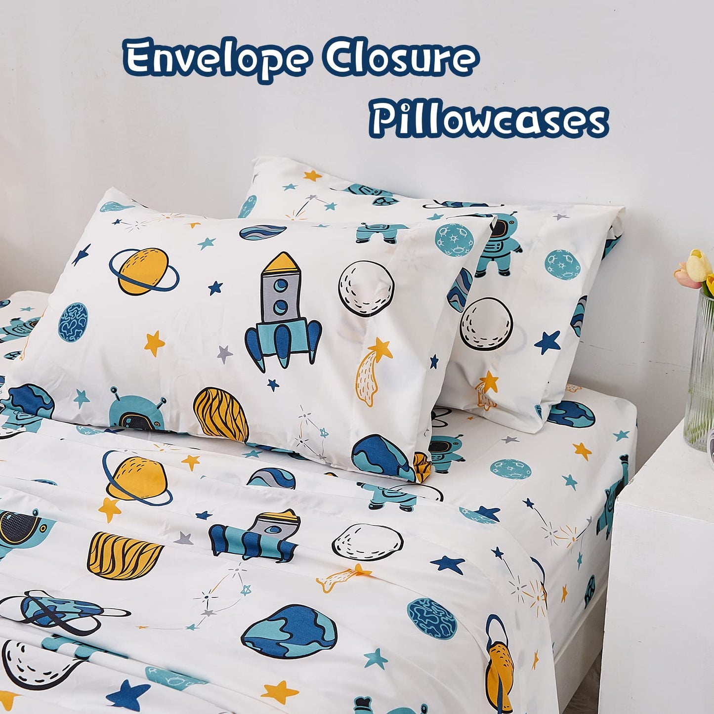 JSD Blue Astronaut Kids Sheet Set Twin Size, 3 Piece Space Rocket Printed Microfiber Bed Sheets Deep Pocket