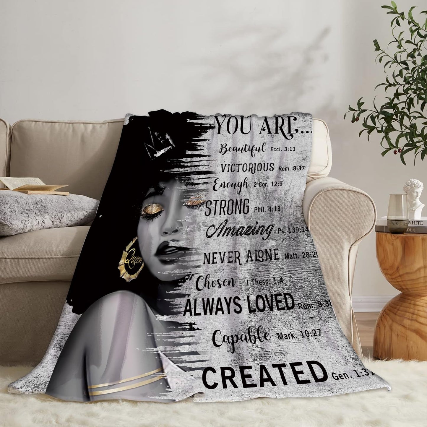 Miyotaa African American Black Girl Woman Flannel Blanket 50Wx60H Inch Quotes Inspirational Motivational Bible Soft Warm Fuzzy Throw Blanket for Sofa Bed Throws Birthday Presents
