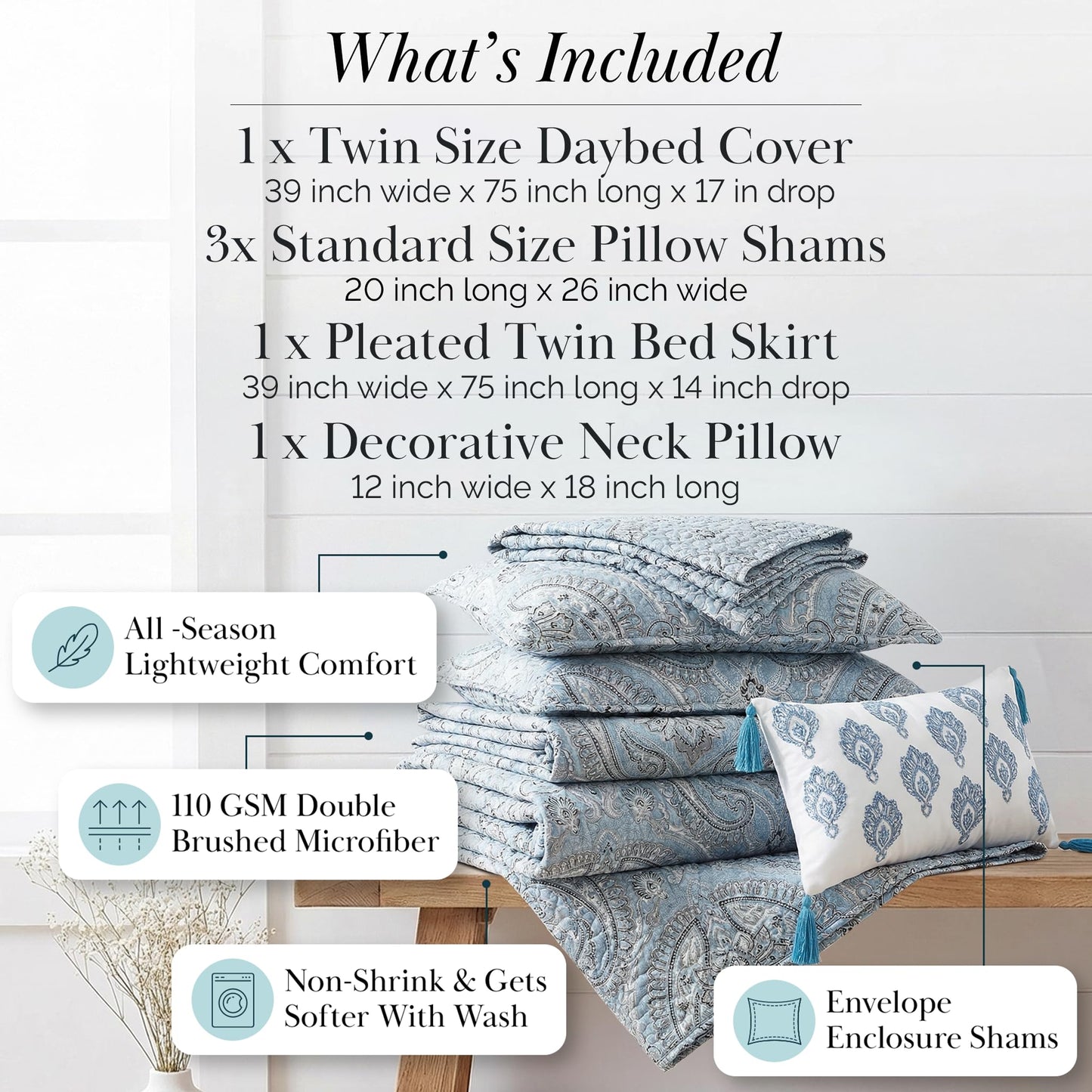 Southshore Fine Living, Inc. Twin Daybed Covers, Boho Bedding Set, Boho Daybed Cover Set, 3 Pillow Shams, 1 Bedskirt, 1 Throw Pillow - Twin Day Bed Covers, Day Bed Bedding Sets, Pure Melody Aqua