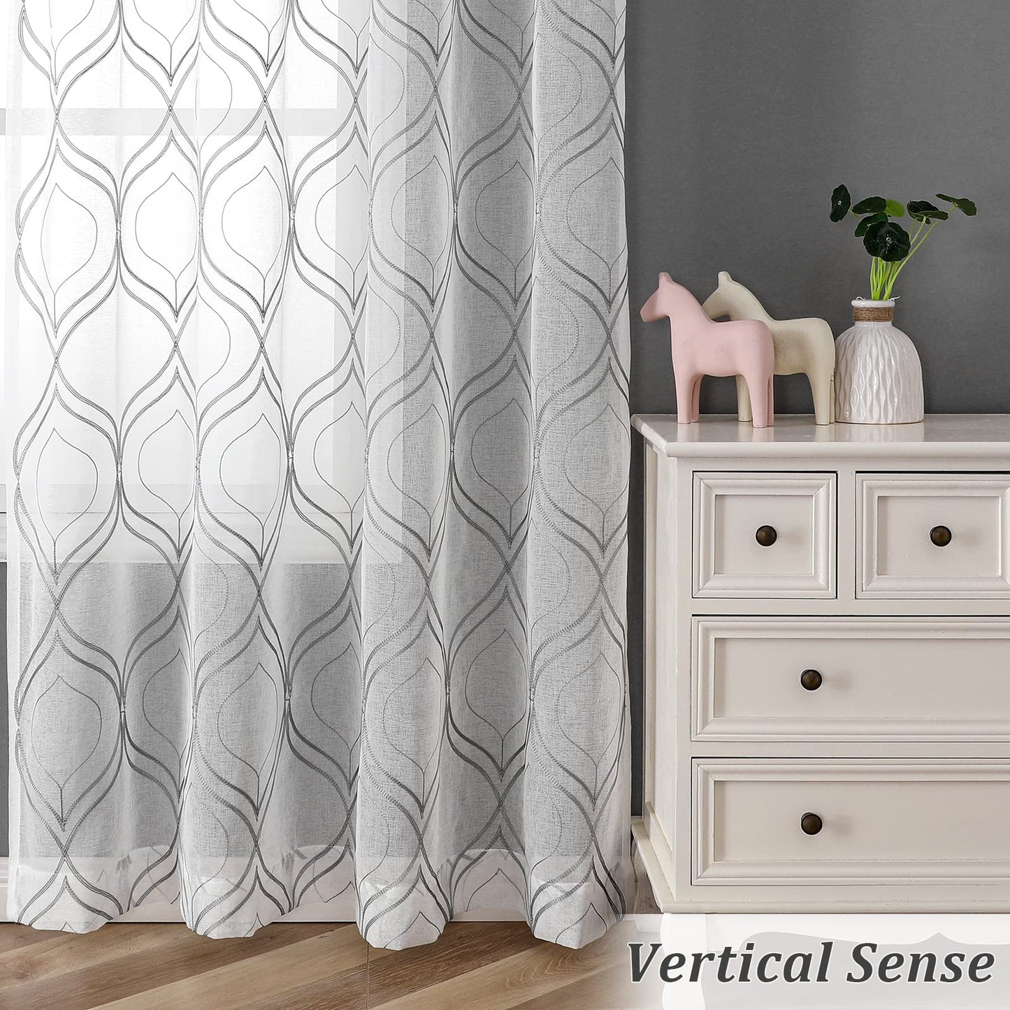 VISIONTEX White Sheer Curtains 84 Inches Long 2 Panels, Light Filtering Grey Moroccan Trellis Embroidered Semi Sheer Voile Drapes, Rod Pocket Textured Window Curtain for Bedroom Living Room 54W x 84L