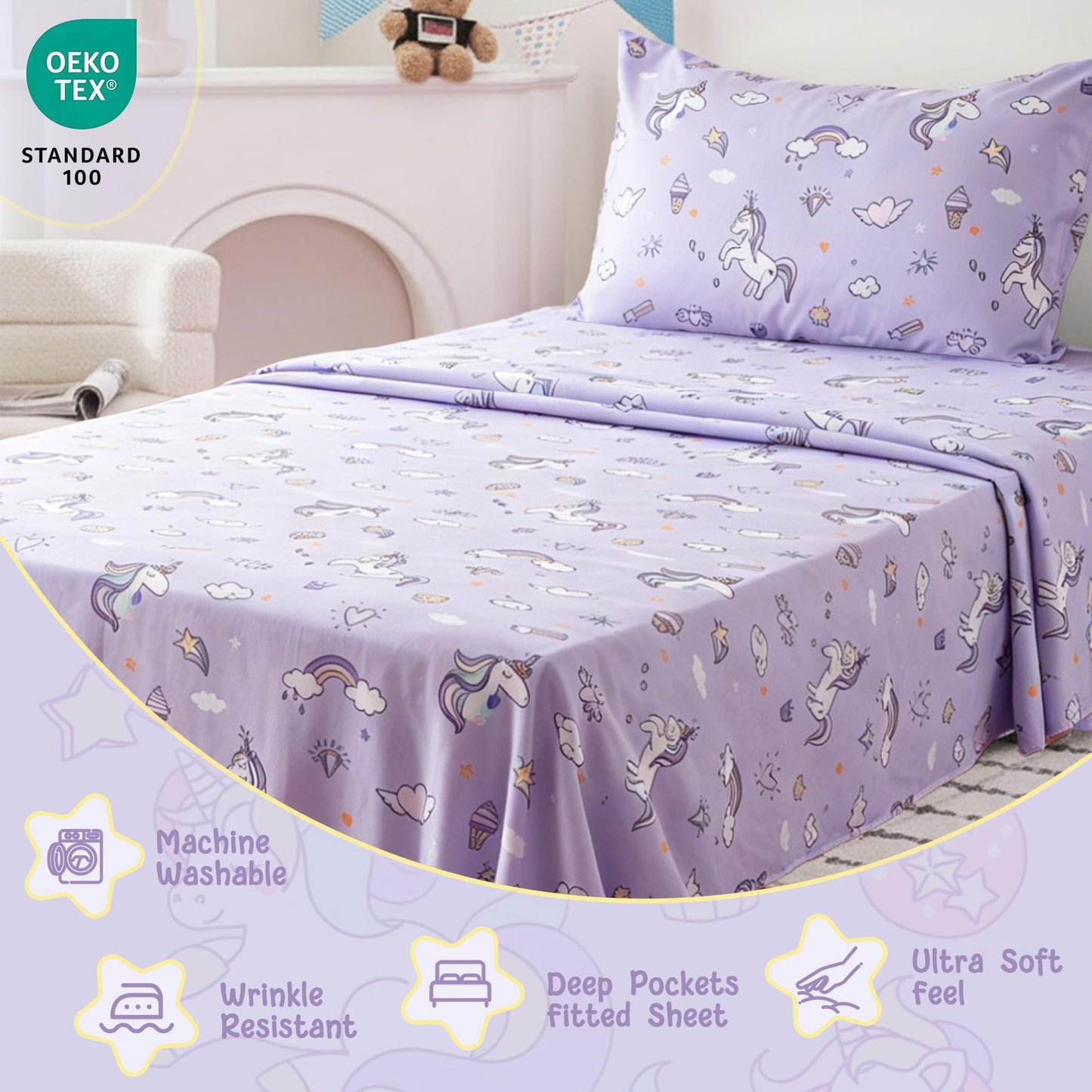 Bunnikins & Clover Unicorn Kids Sheet Set Twin Size, 3 Piece Soft Microfiber Twin Bed Sheets, Deep Pocket Unicorn Sheets Twin for Boys Girls