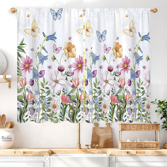 Vengaot Watercolor Floral Spring Colorful Flower Kitchen Curtains 27.5W X 39L Inch 2 Panels Wildflower Summer Butterfly Small Cafe Tier Short Morning Glory Window Treatment Drapes Bathroom Home Decor