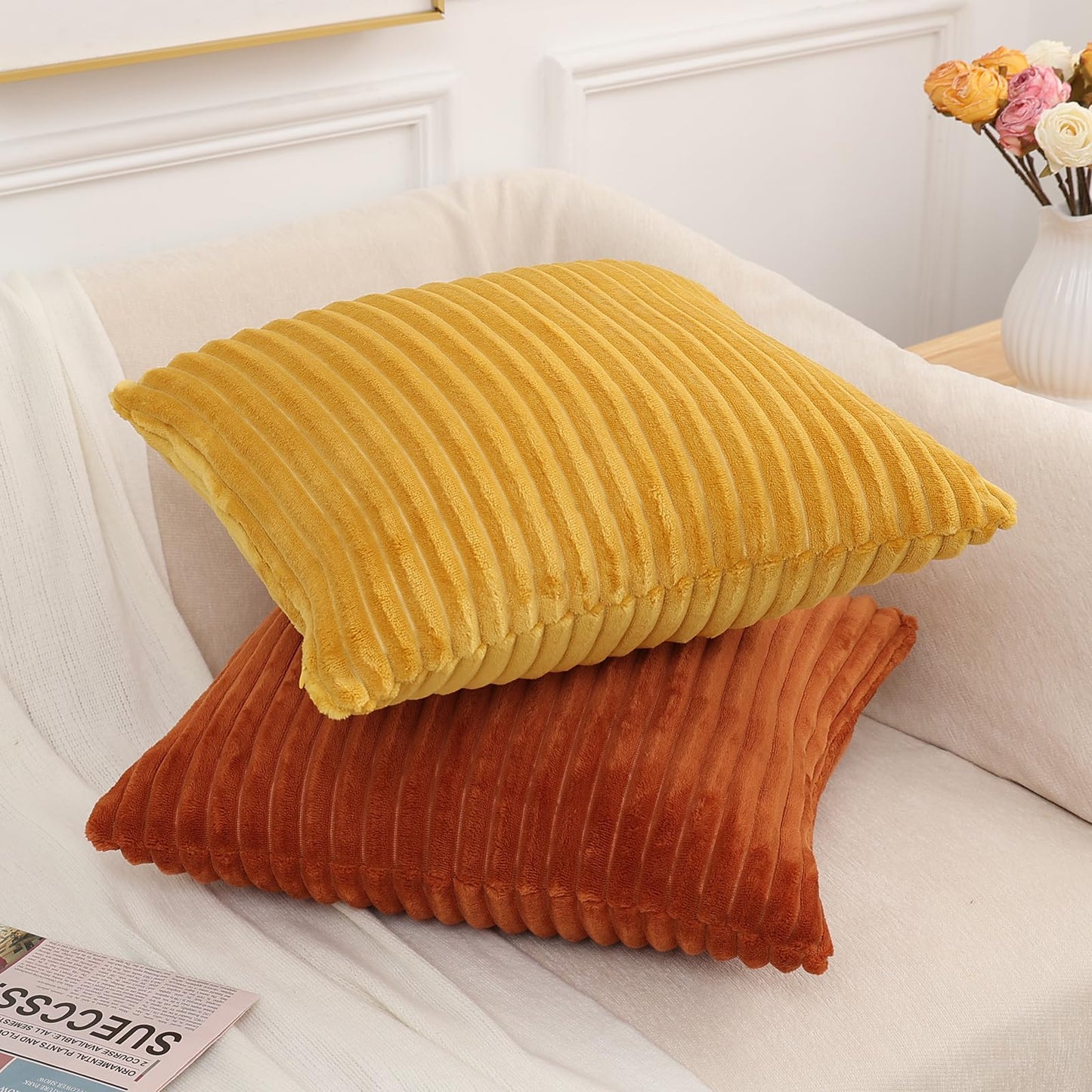Simmore Decorative Throw Pillow Covers 18x18 Set of 2, Soft Natural Plush Flannel Double-Sided Fluffy Couch Pillow Covers for Sofa Living Room, Rust