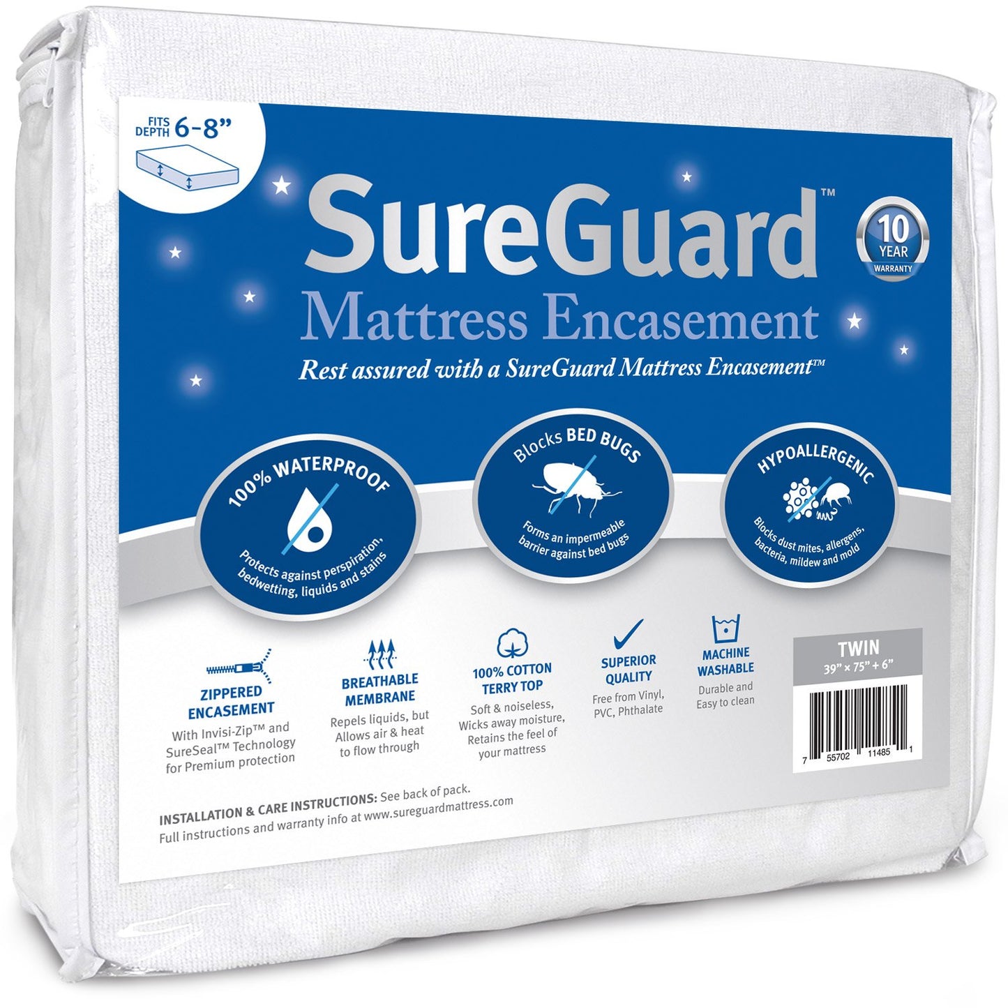 Twin (6-8 in. Deep) SureGuard Mattress Encasement - 100% Waterproof, Bed Bug Proof, Hypoallergenic - Premium Zippered Six-Sided Cover