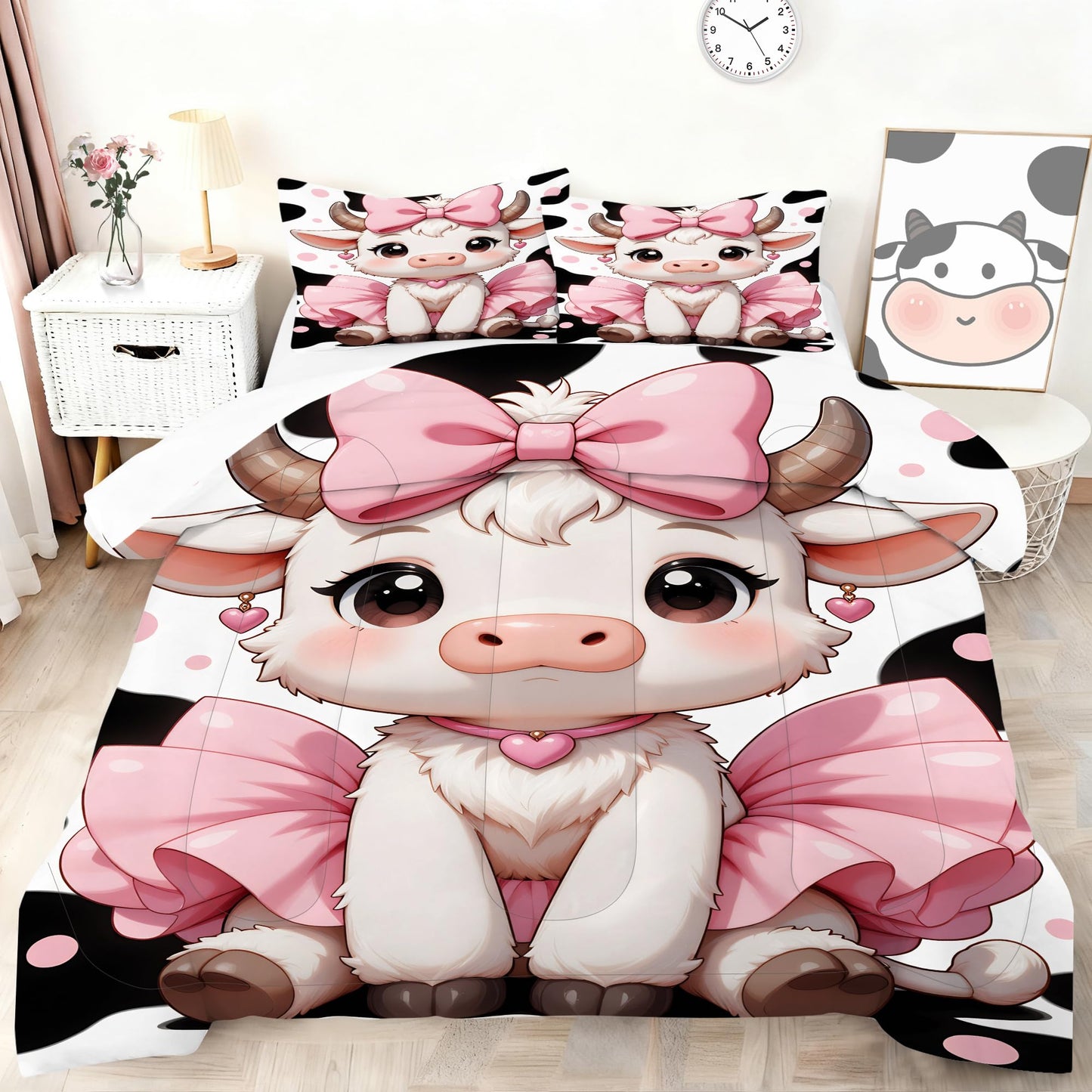 VTKON Cute Girls Cow Comforter Set Twin Size for Kids Teens Pink Bow Tutu Cow Bedding Set Kawaii Cartoon Animal Bed Set for Toddler Nursery Bedroom Decor Soft Quilt Set with 1 Pillowcase